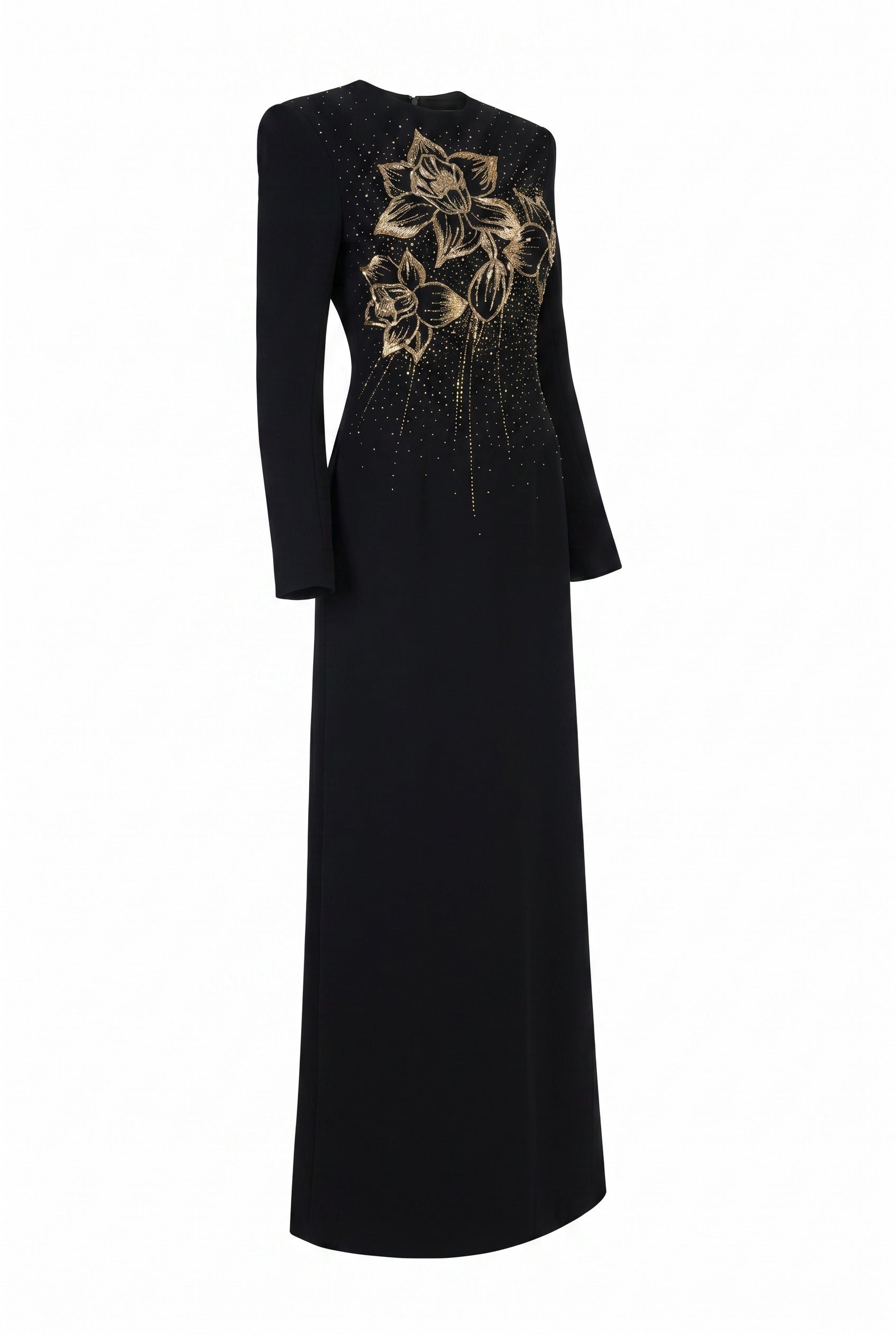 Floral Embellished Black Structured Maxi Gown