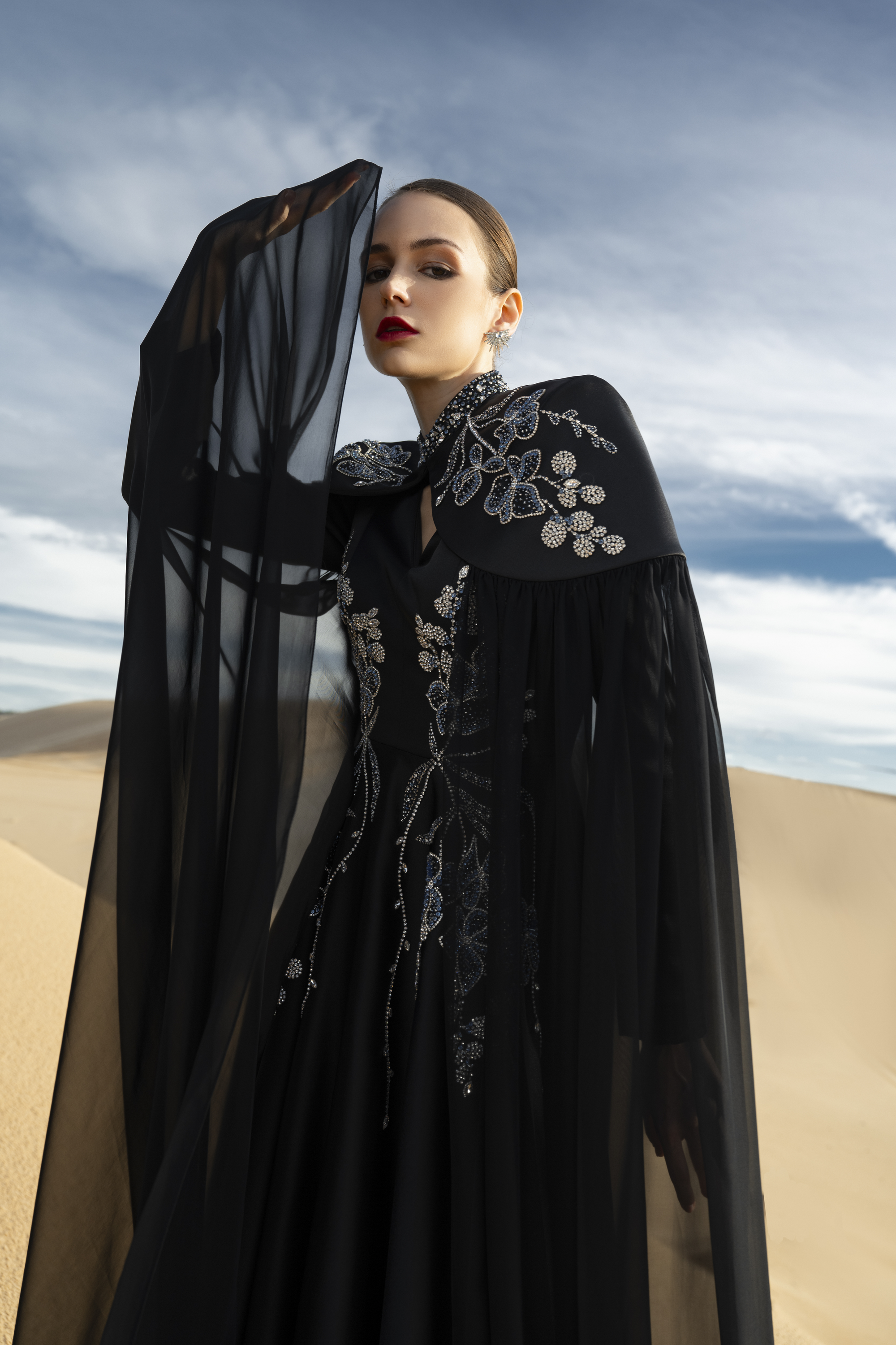 Floral Embellished Cape Black Maxi Gown