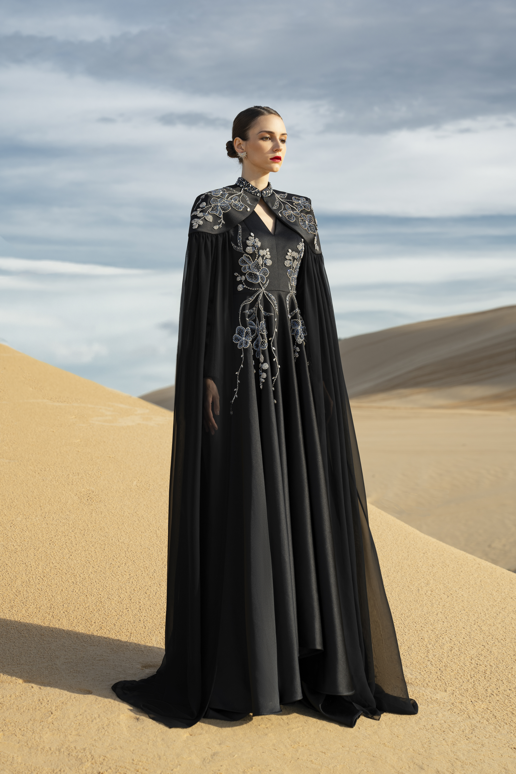 Floral Embellished Cape Black Maxi Gown