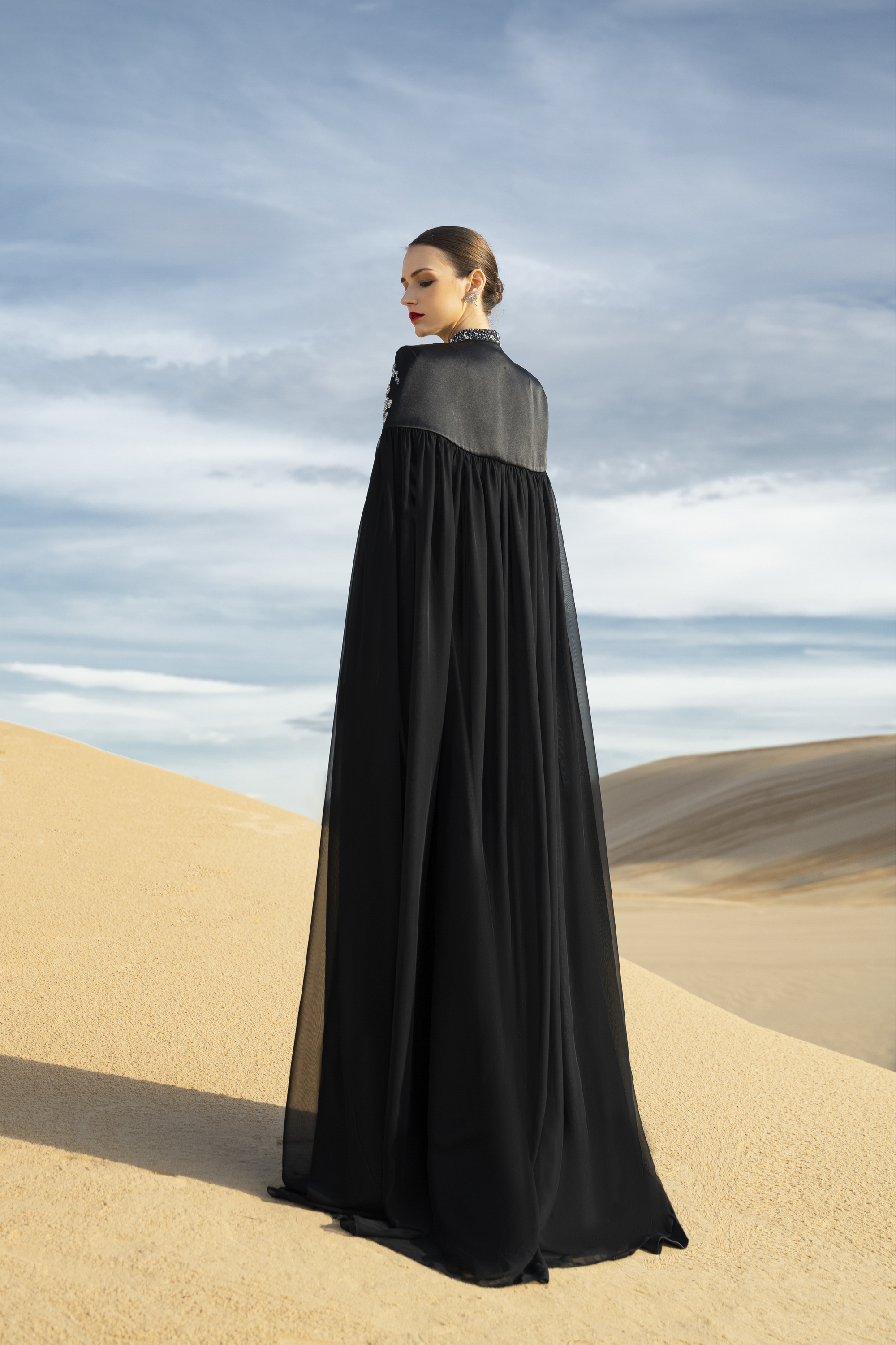Floral Embellished Cape Black Maxi Gown