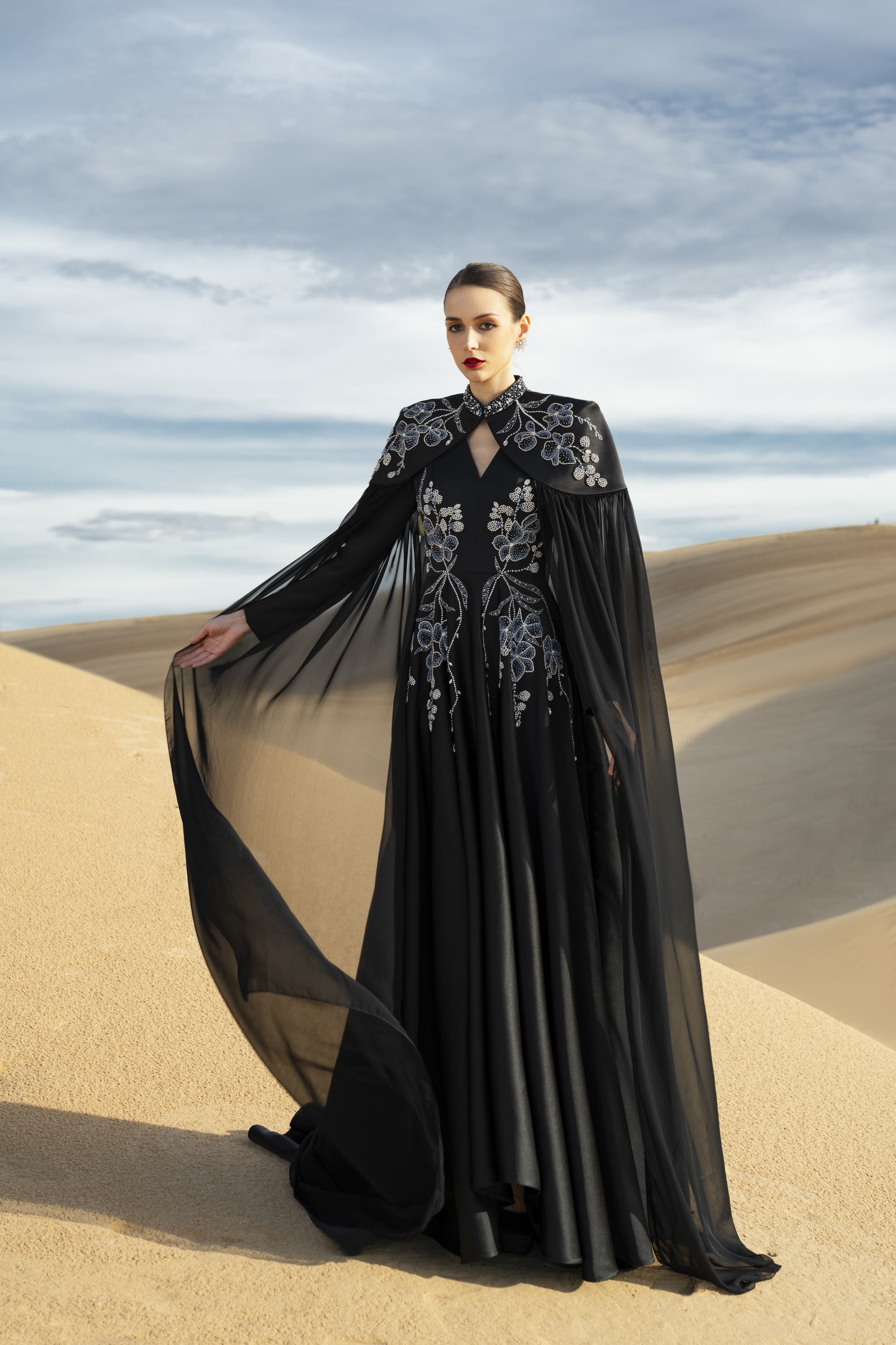 Floral Embellished Cape Black Maxi Gown