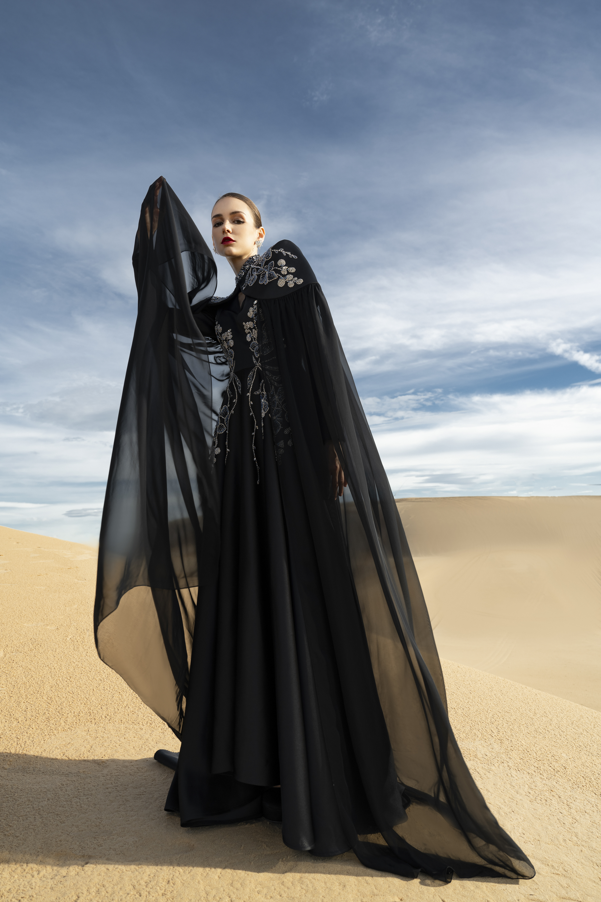 Floral Embellished Cape Black Maxi Gown