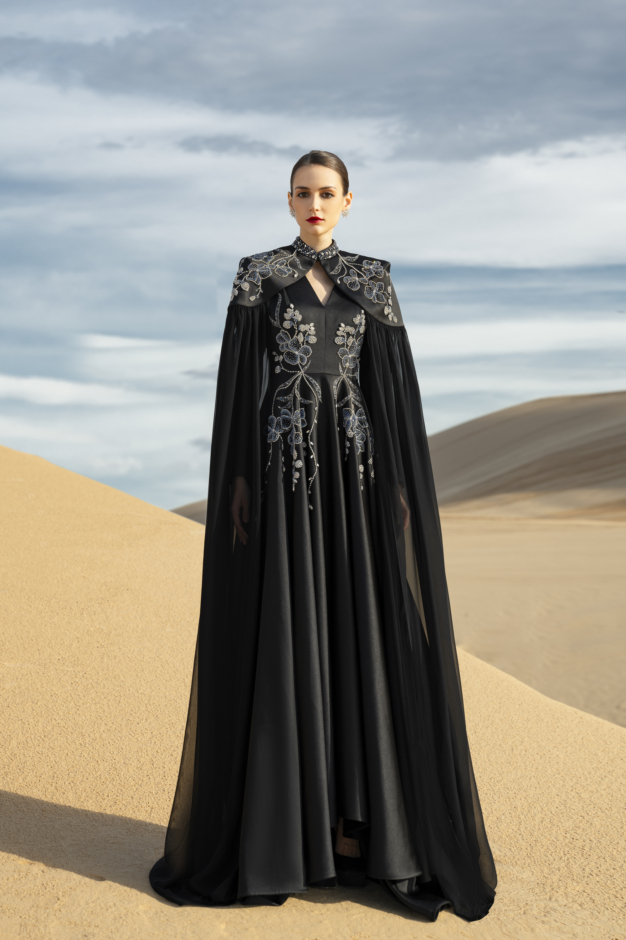 Floral Embellished Cape Black Maxi Gown