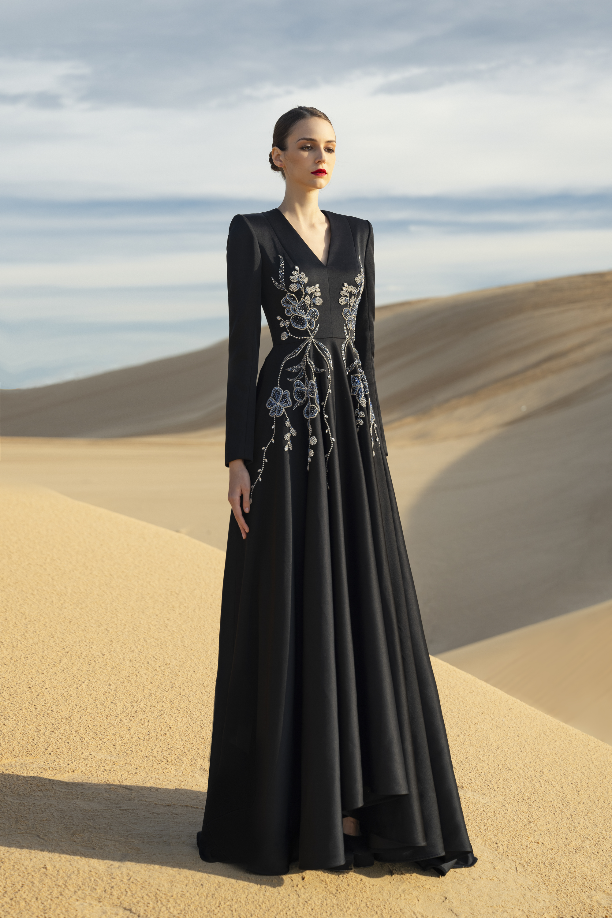 Floral Embroidered Black A-Line Maxi Gown