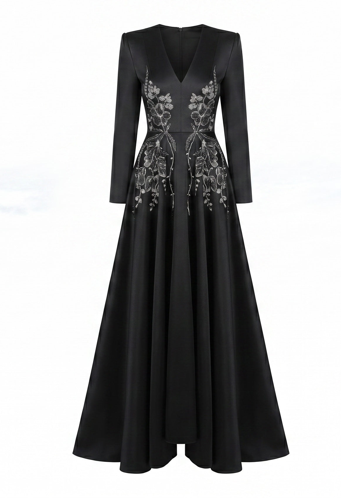 Floral Embroidered Black A-Line Maxi Gown