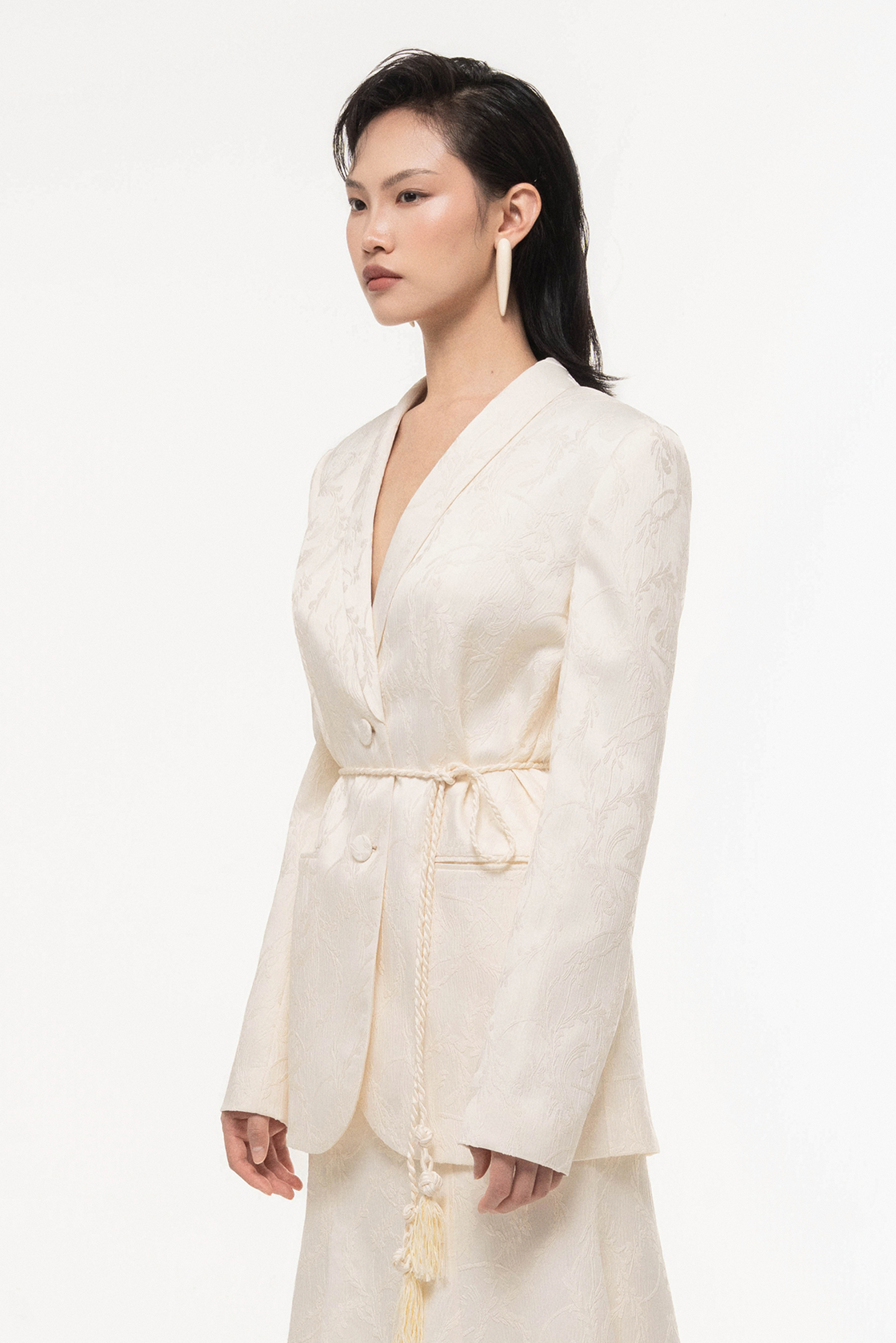 Floral Jacquard V-Neck Blazer