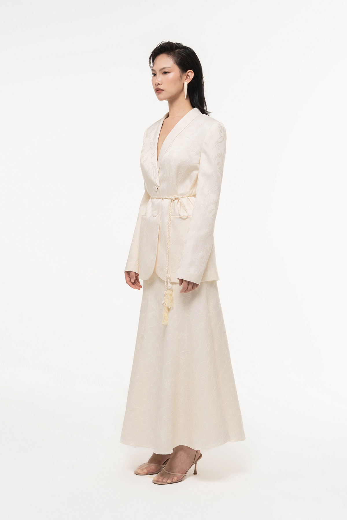 Floral Jacquard V-Neck Blazer Skirt Set Design
