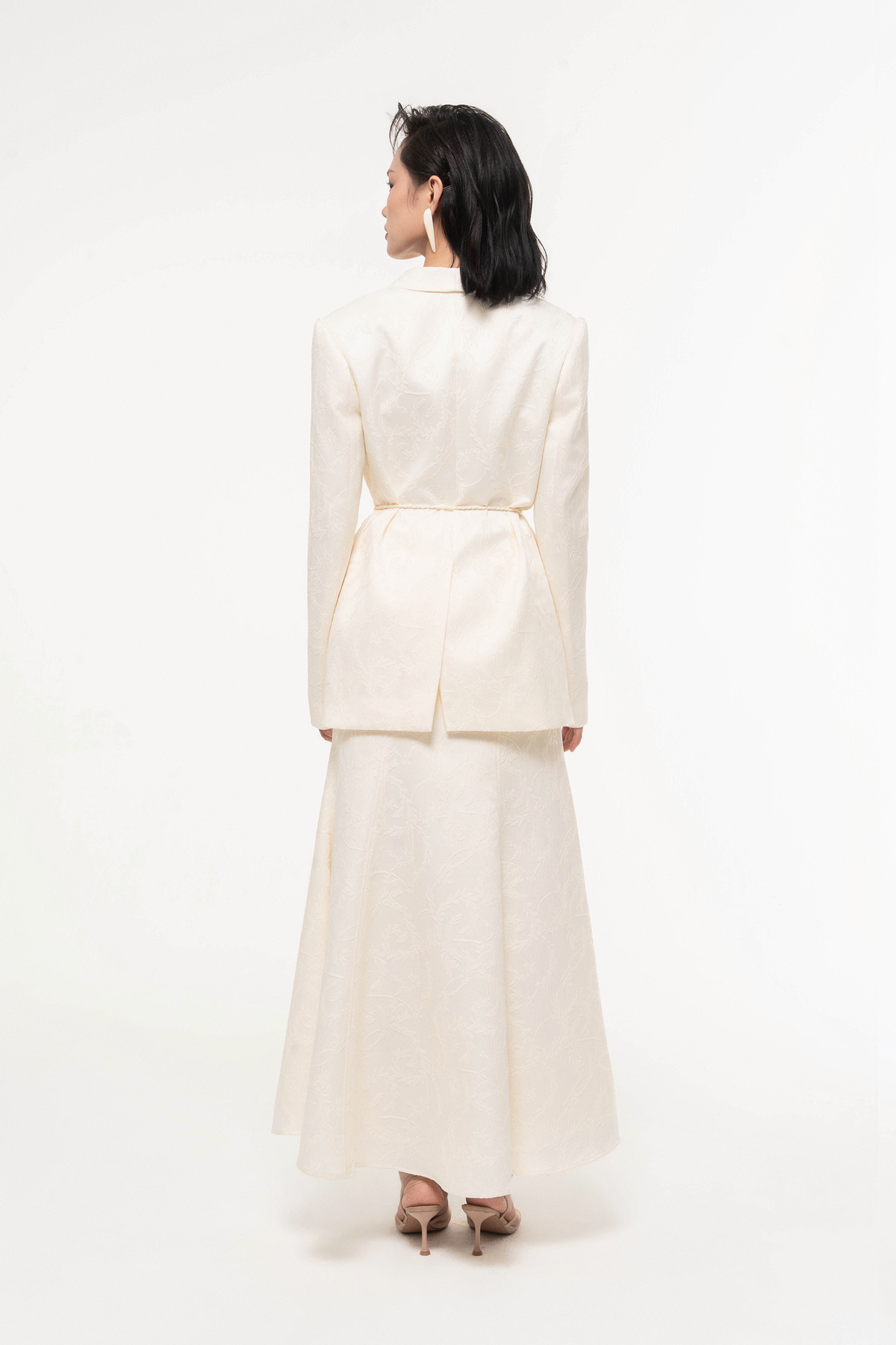 Floral Jacquard V-Neck Blazer Skirt Set Design