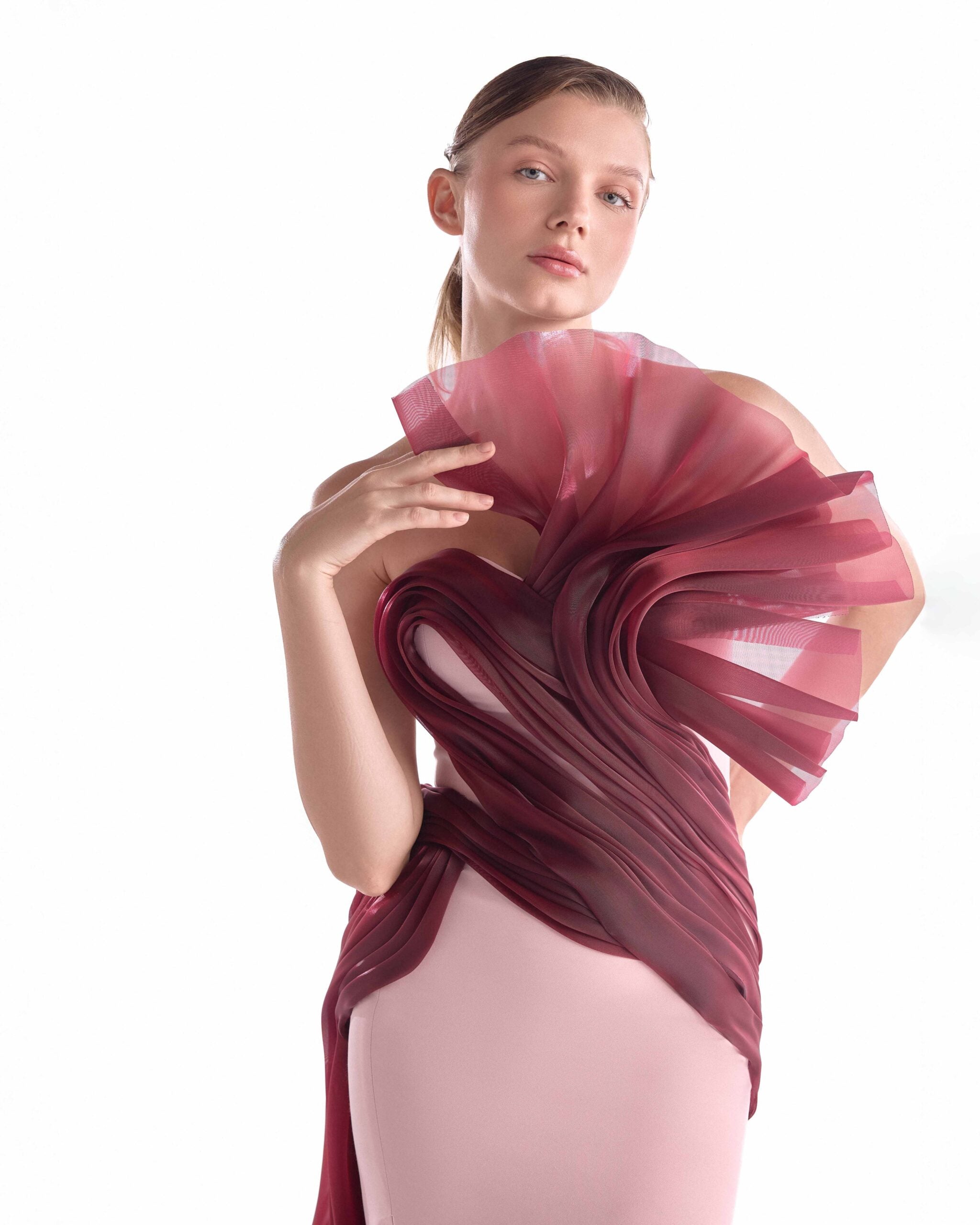 Fluid Crimson Flow on a Pink Crepe Evening Gown G2130