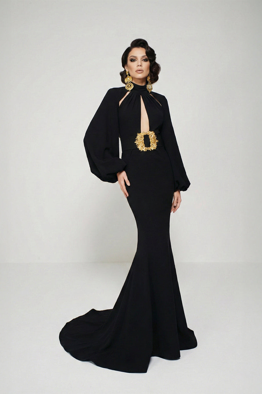 Fouad Sarkis F02373 Black High-Neck Keyhole Gown