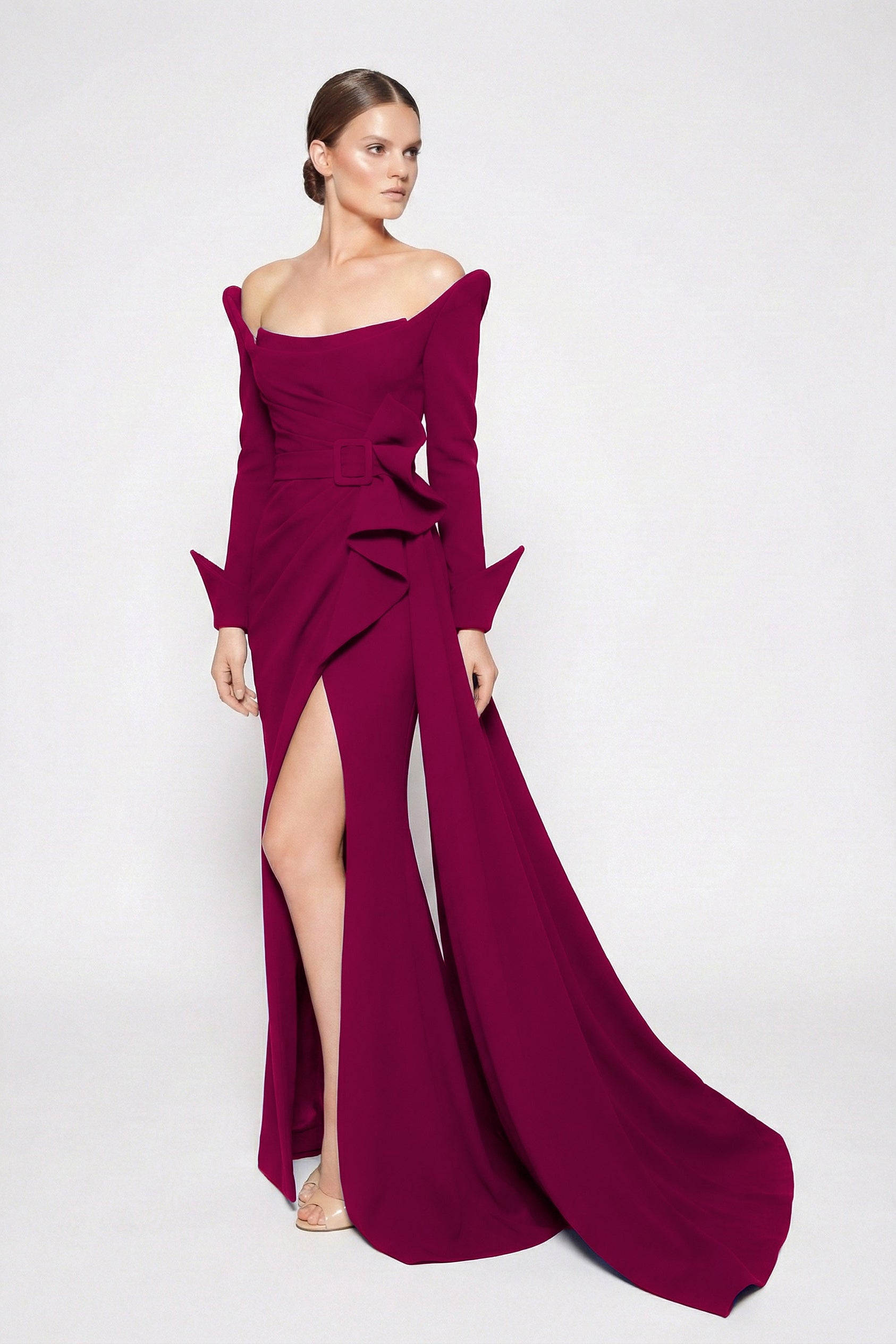 Fouad Sarkis F02423A Off-Shoulder Gown High Slit