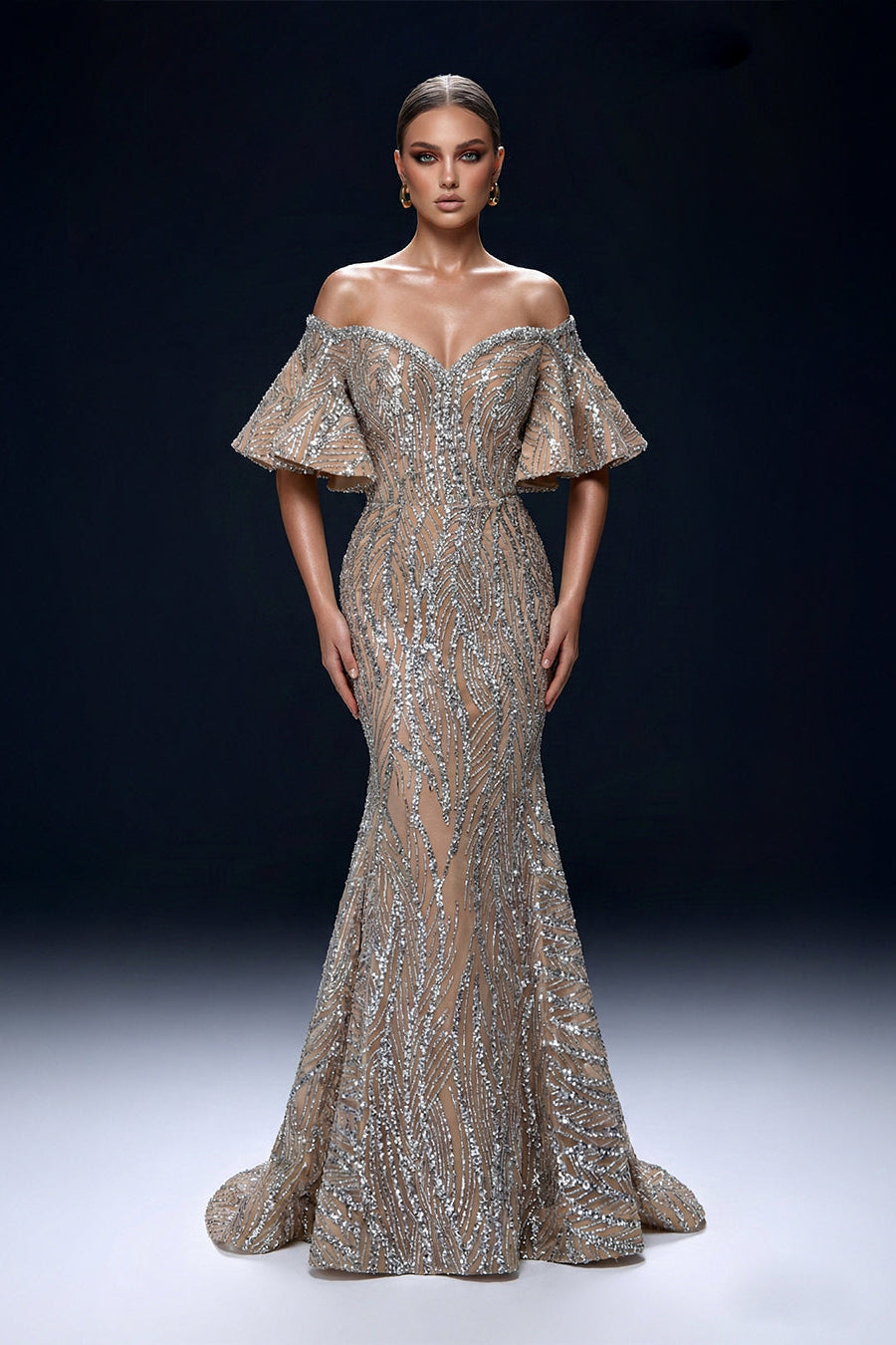 Fouad Sarkis F02529A Nude Silver Sequin Mermaid Gown