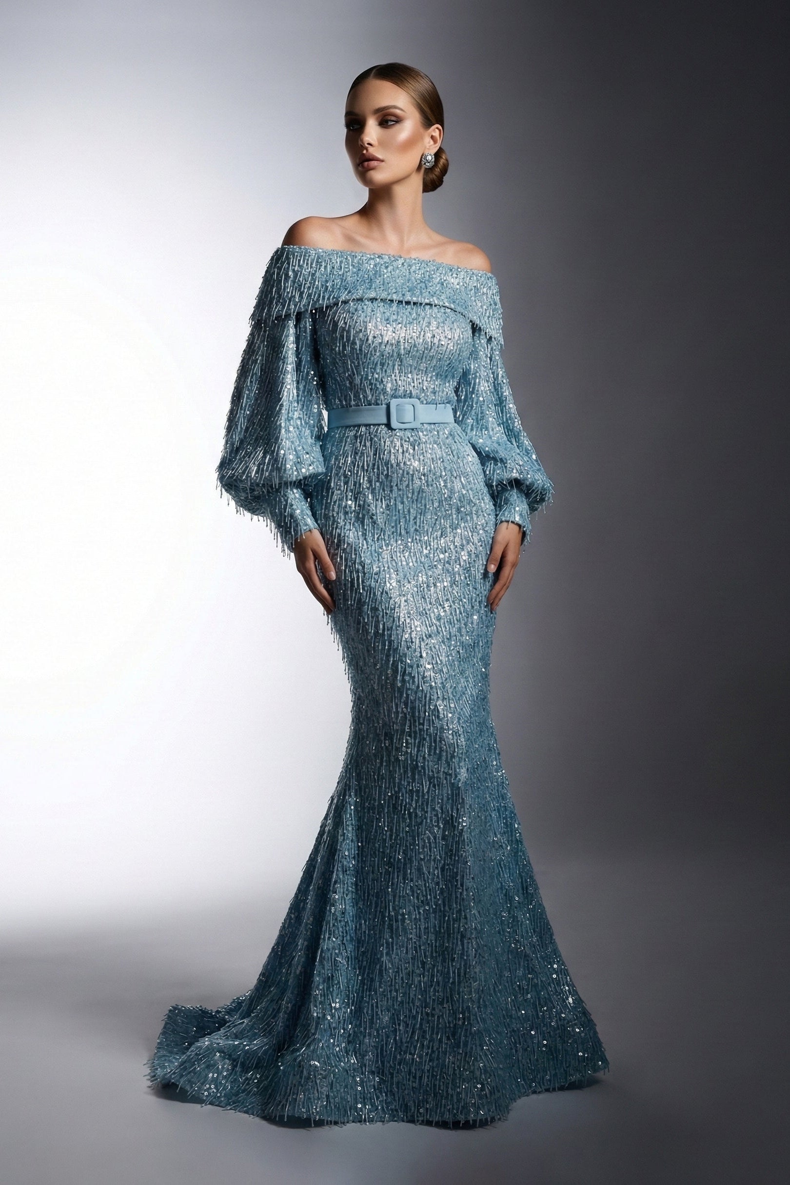 Fouad Sarkis F02752A Gold Off-Shoulder Voluminous Sleeve Gown