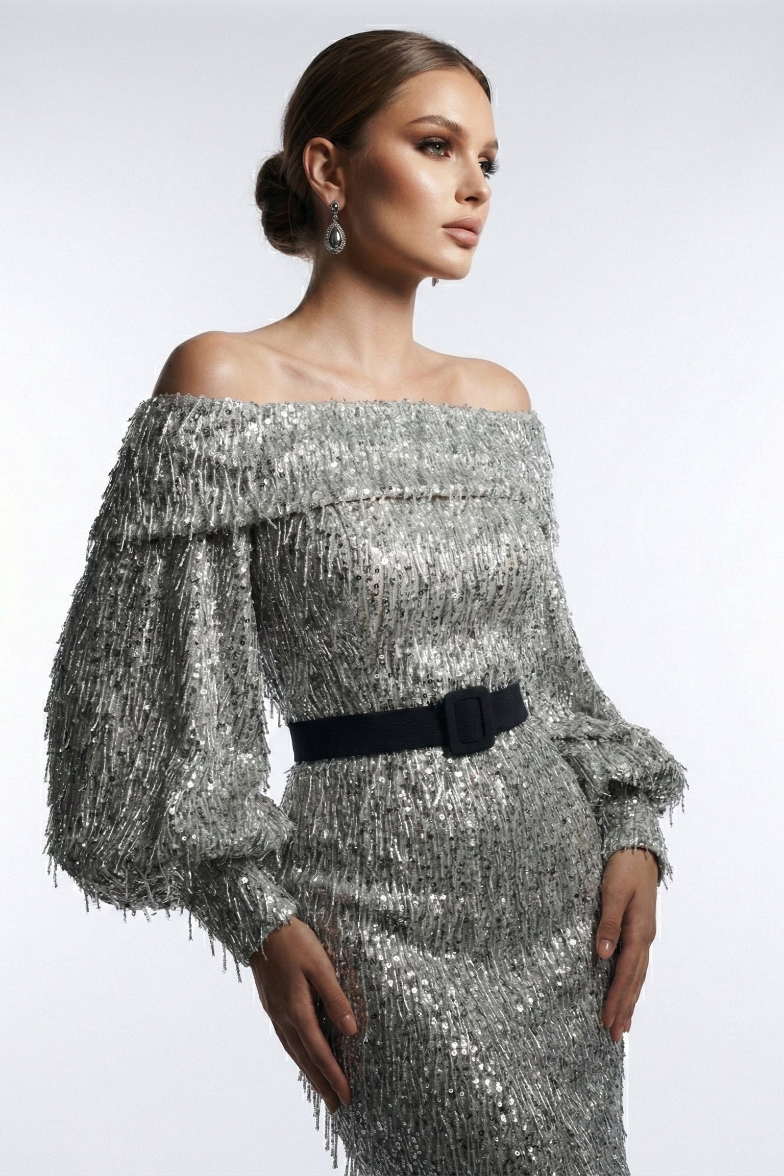 Fouad Sarkis F02752A Gold Off-Shoulder Voluminous Sleeve Gown