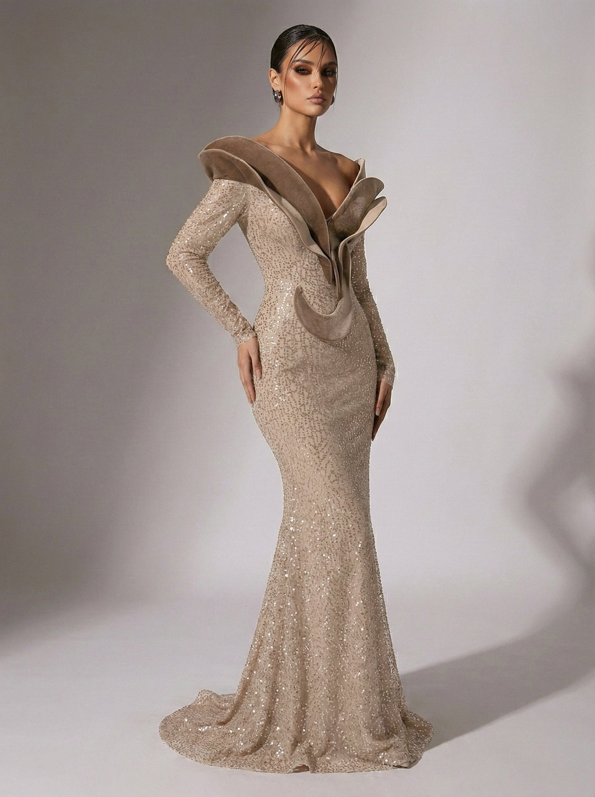 gold dress with ruffles Fouad Sarkis F02896A Sequin Off-Shoulder Gown Long sleeve