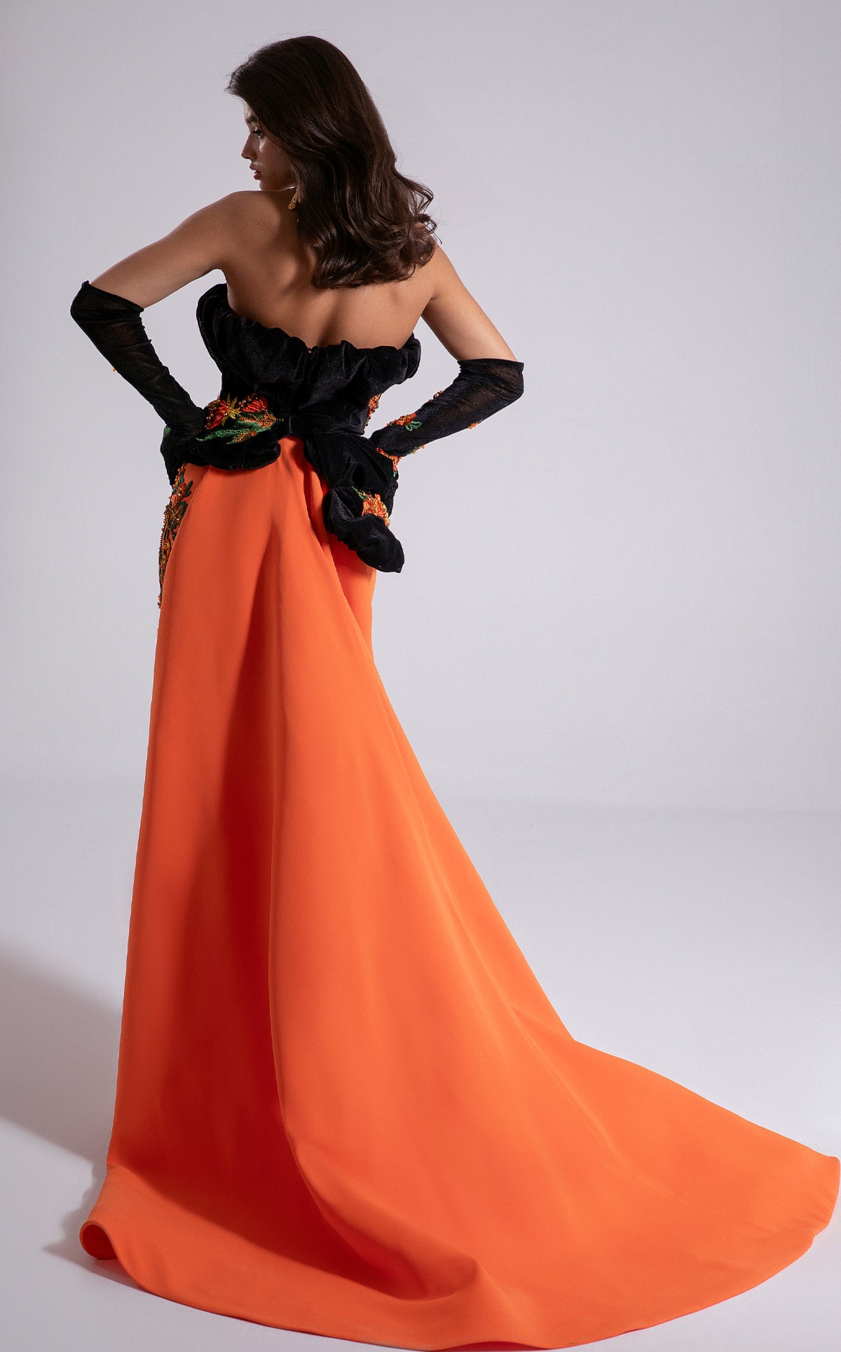 Fouad Sarkis F02902 Strapless Velvet Corset Gown with Orange Crepe Skirt