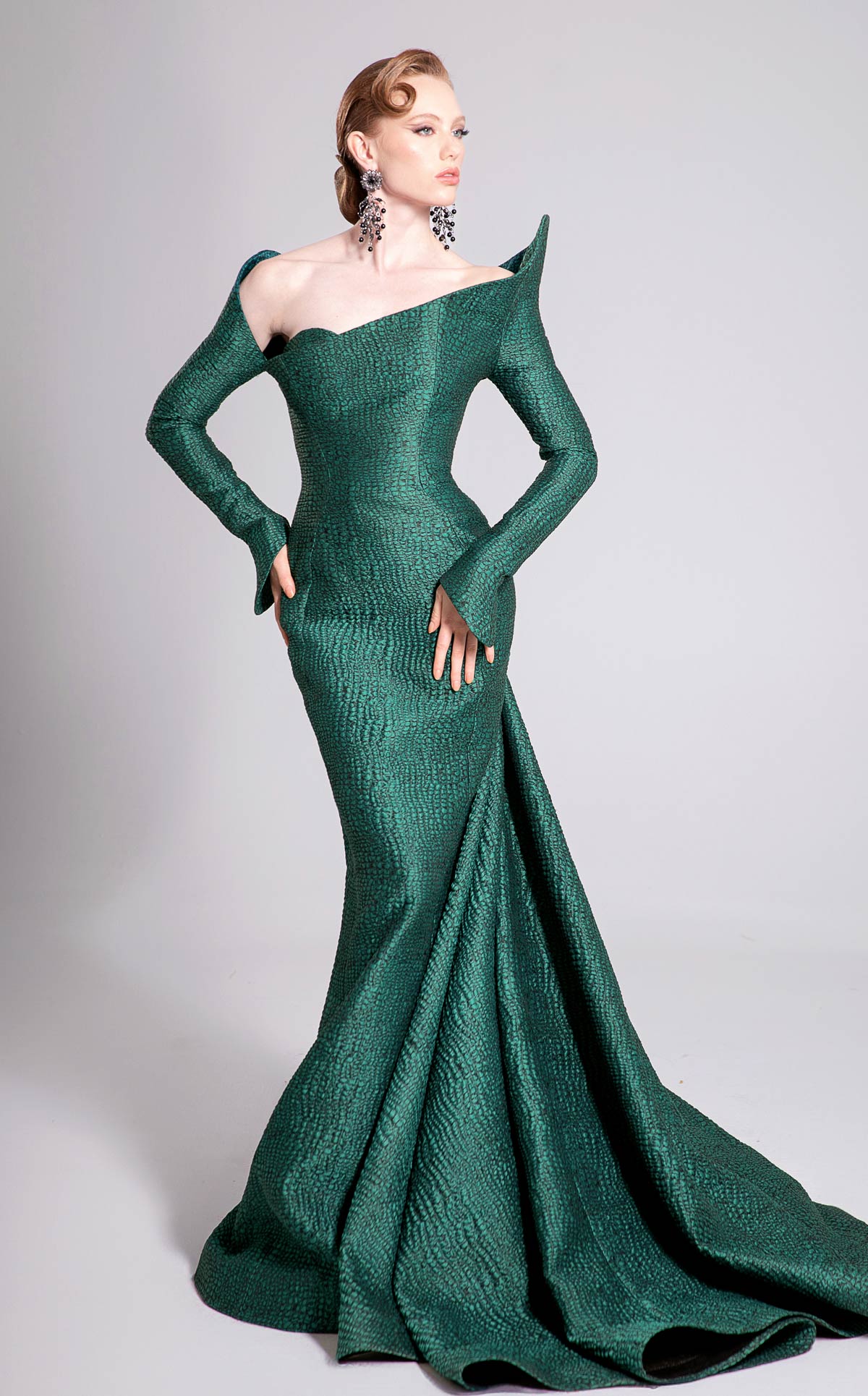 Fouad Sarkis F02910A Emerald Jacquard Gown with Train