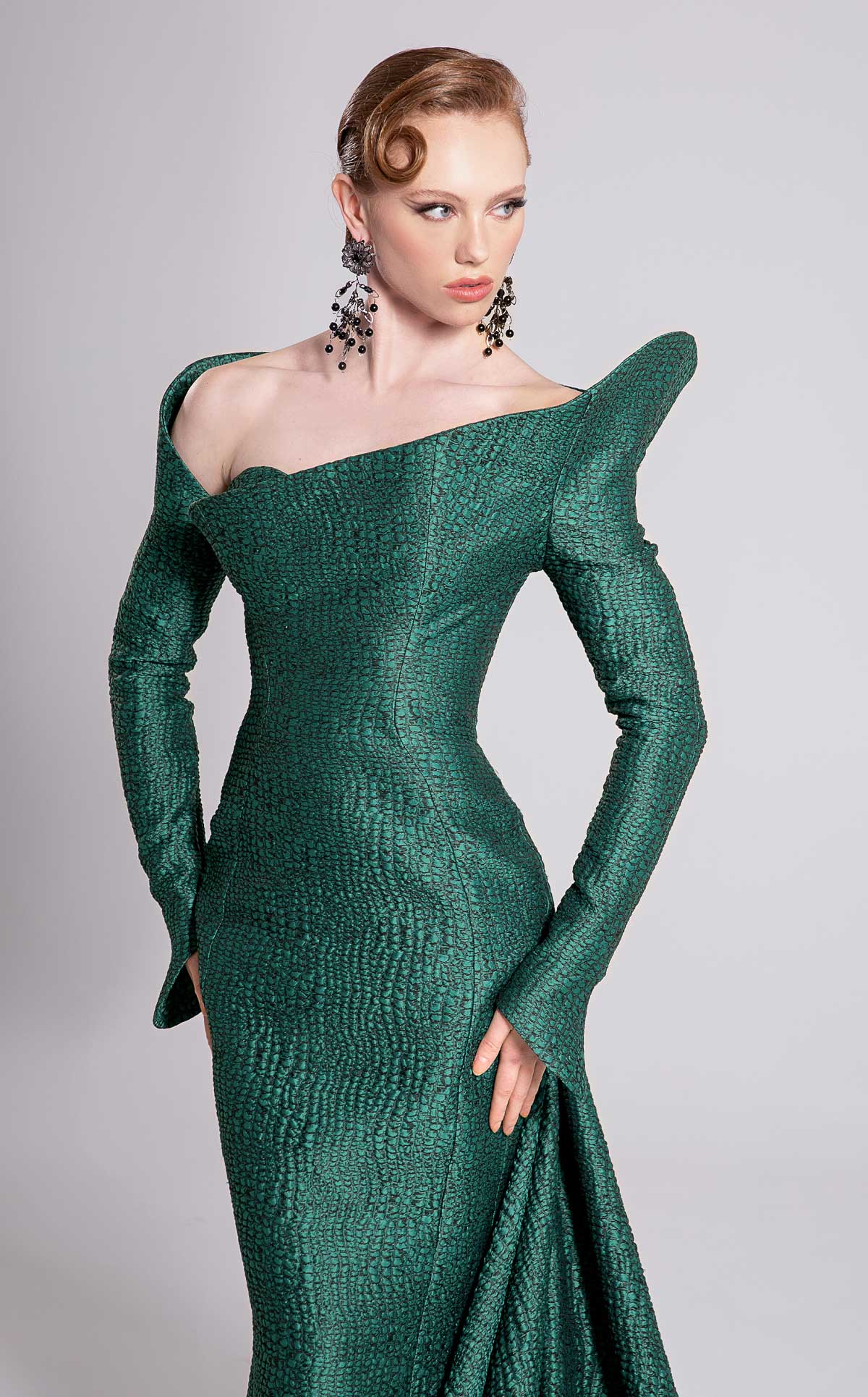 Fouad Sarkis F02910A Emerald Jacquard Gown with Train