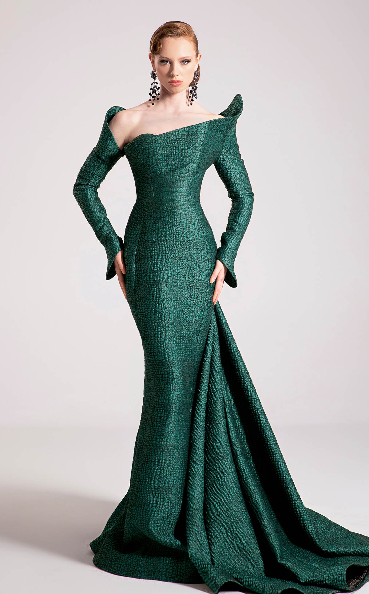 Fouad Sarkis F02910A Emerald Jacquard Gown with Train