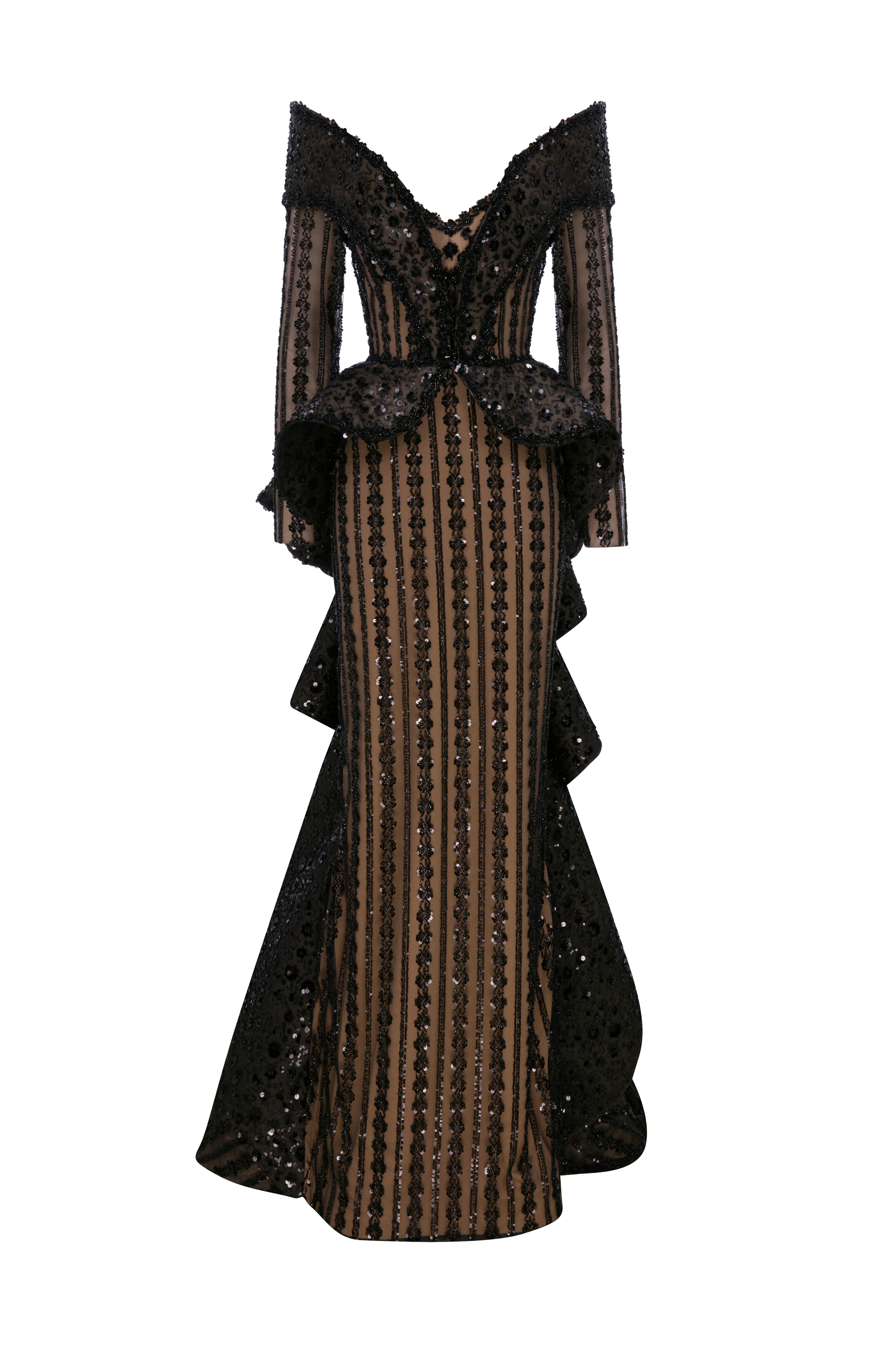 Fouad Sarkis F02930 Nude Black Lace Peplum Gown