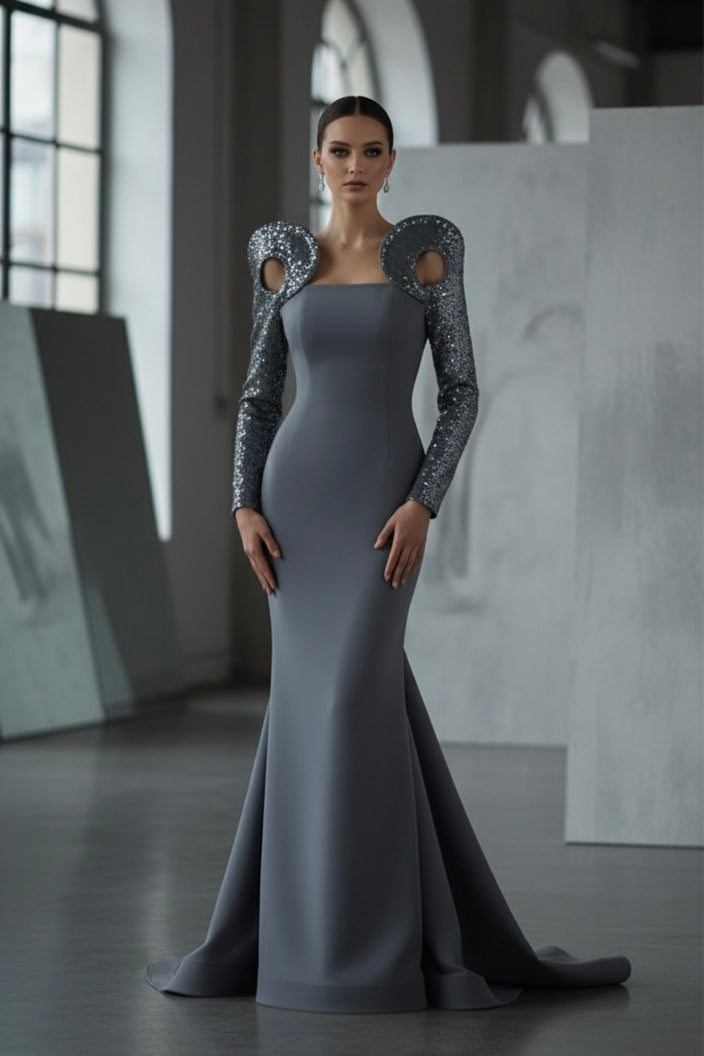 Fouad Sarkis F02942A Blush Sequin Sleeve Mermaid Gown
