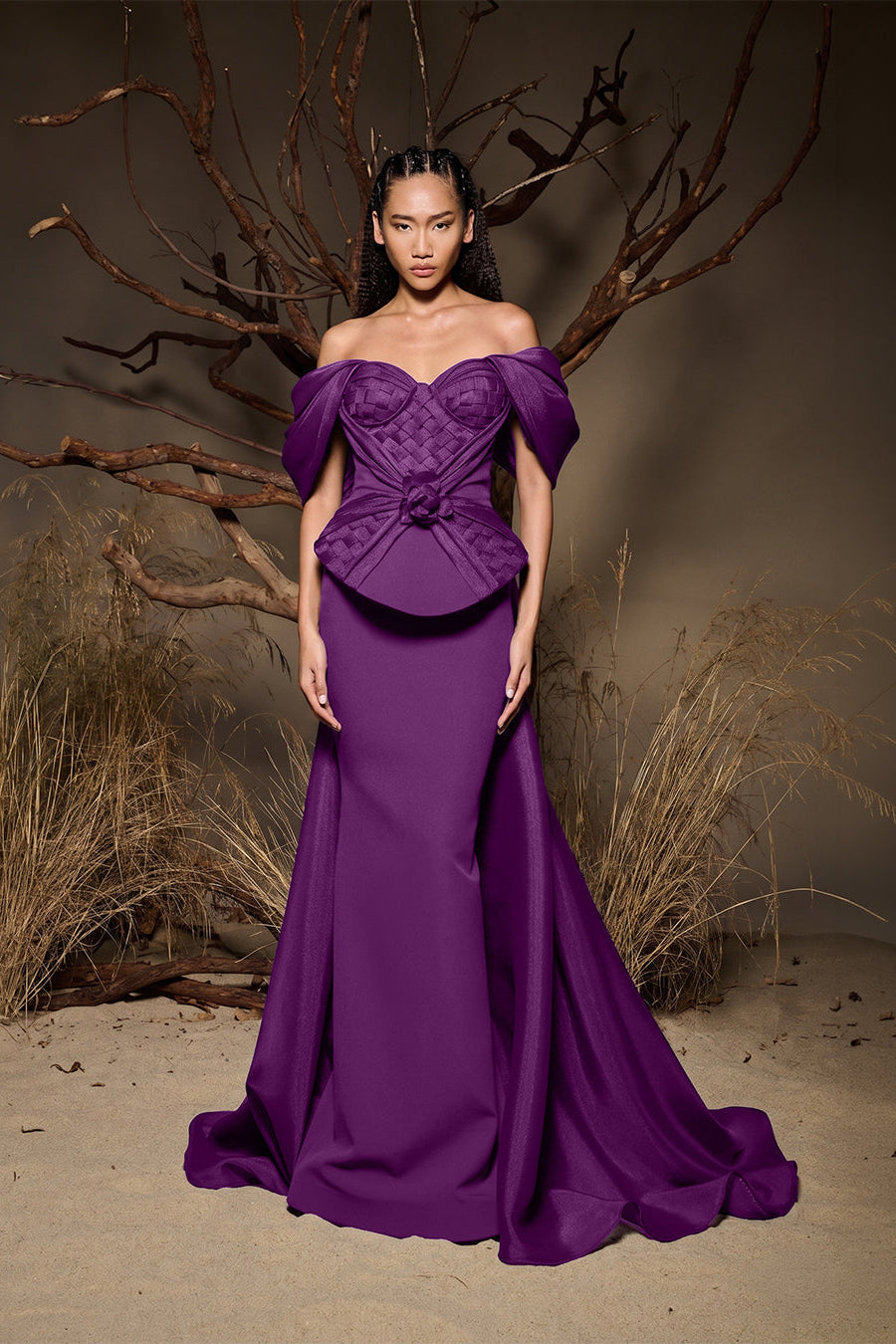 Fouad Sarkis F02943 Crepe Organza Corseted Train Gown