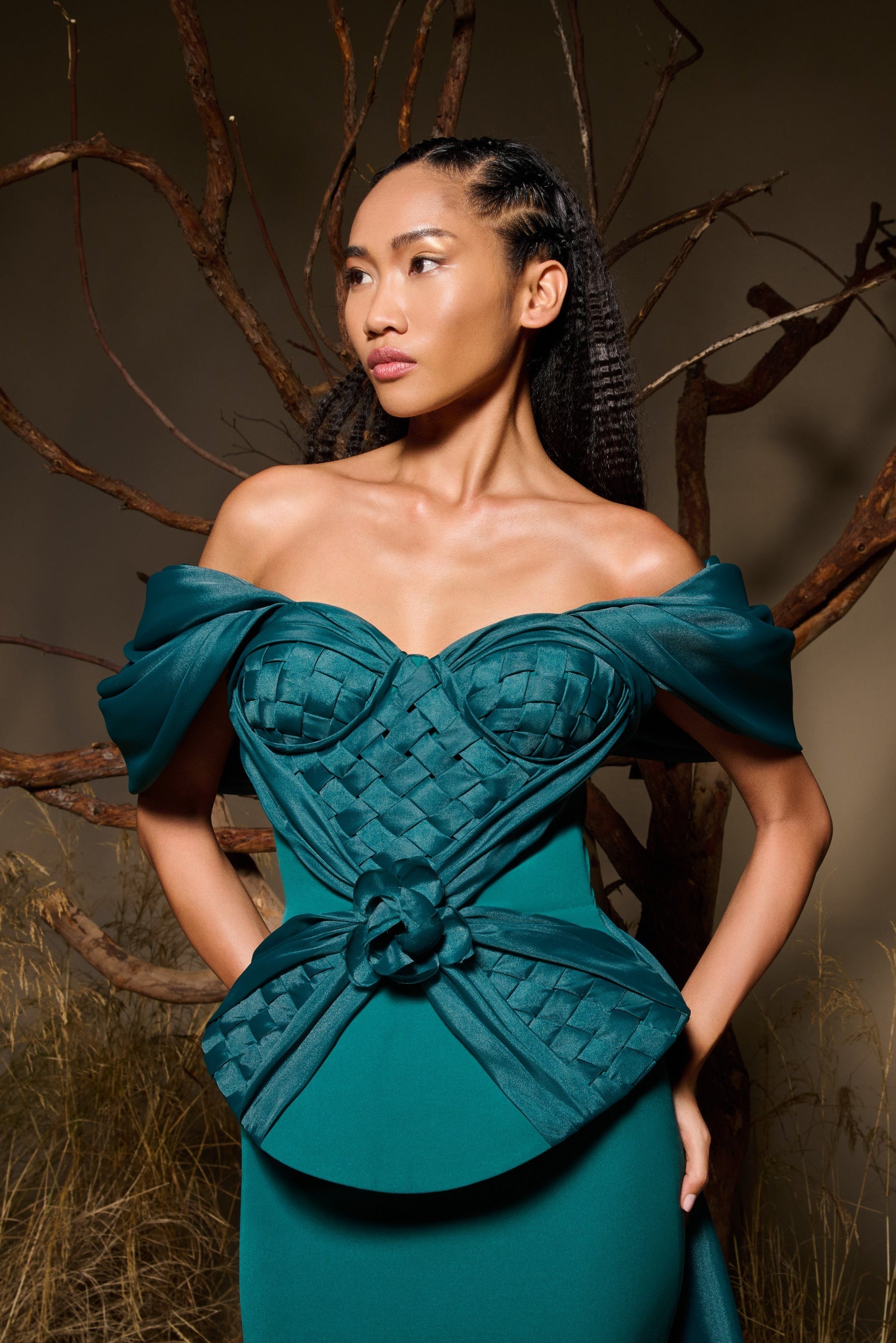 Fouad Sarkis F02943 Crepe Organza Corseted Train Gown