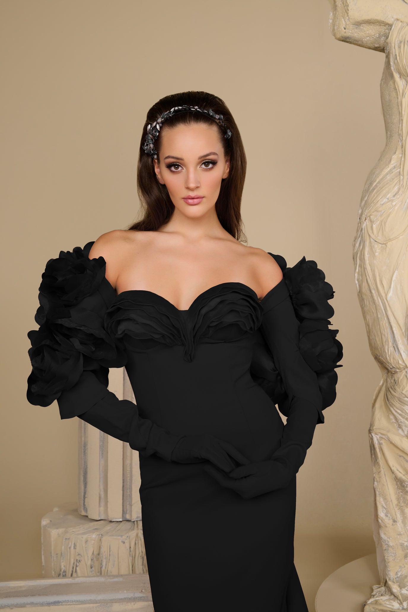 Fouad Sarkis F02944 Organza Ruffle Detachable Bolero Gown