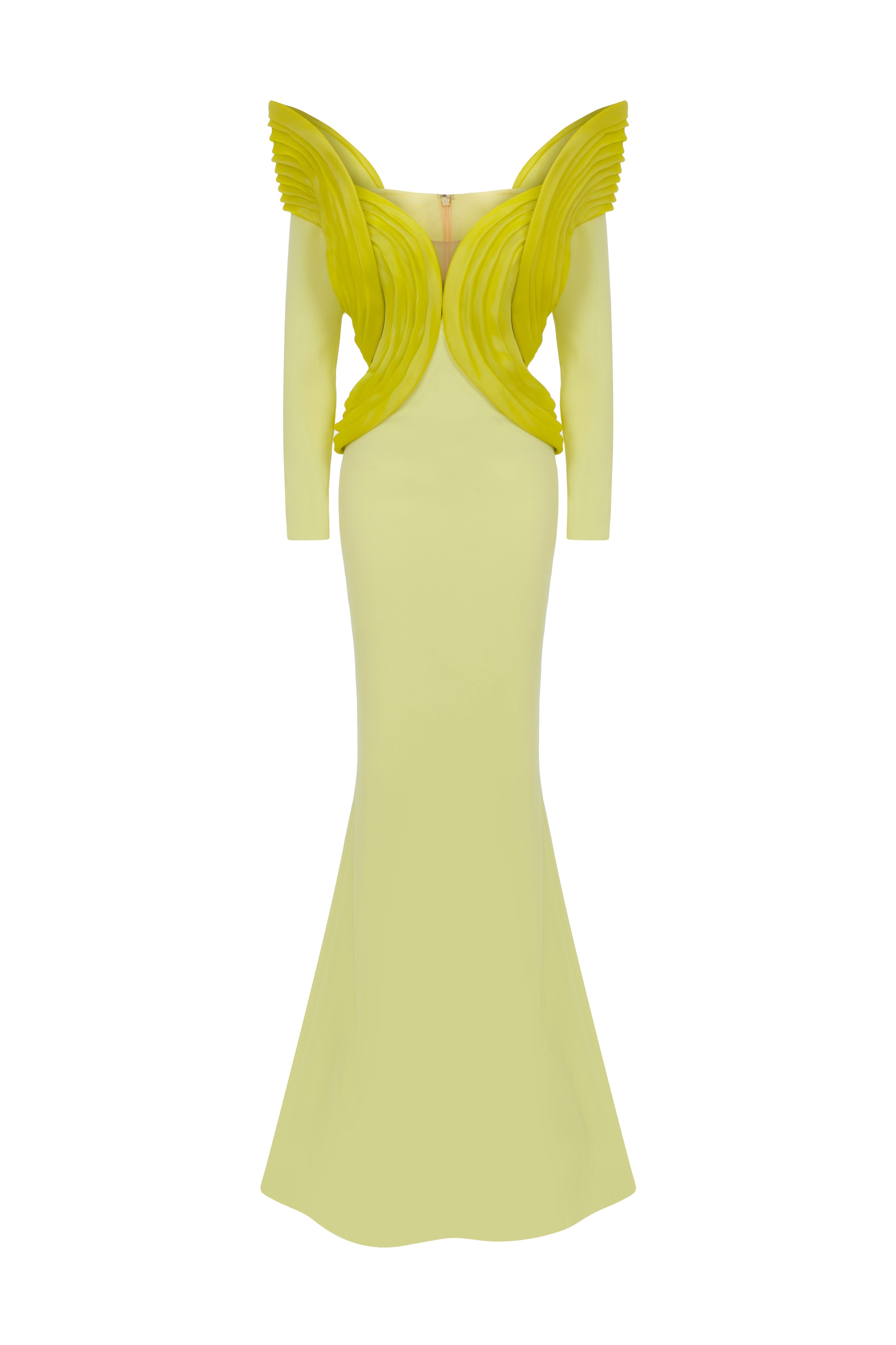 Fouad Sarkis F02945 Matte Crepe Organza Wing Gown