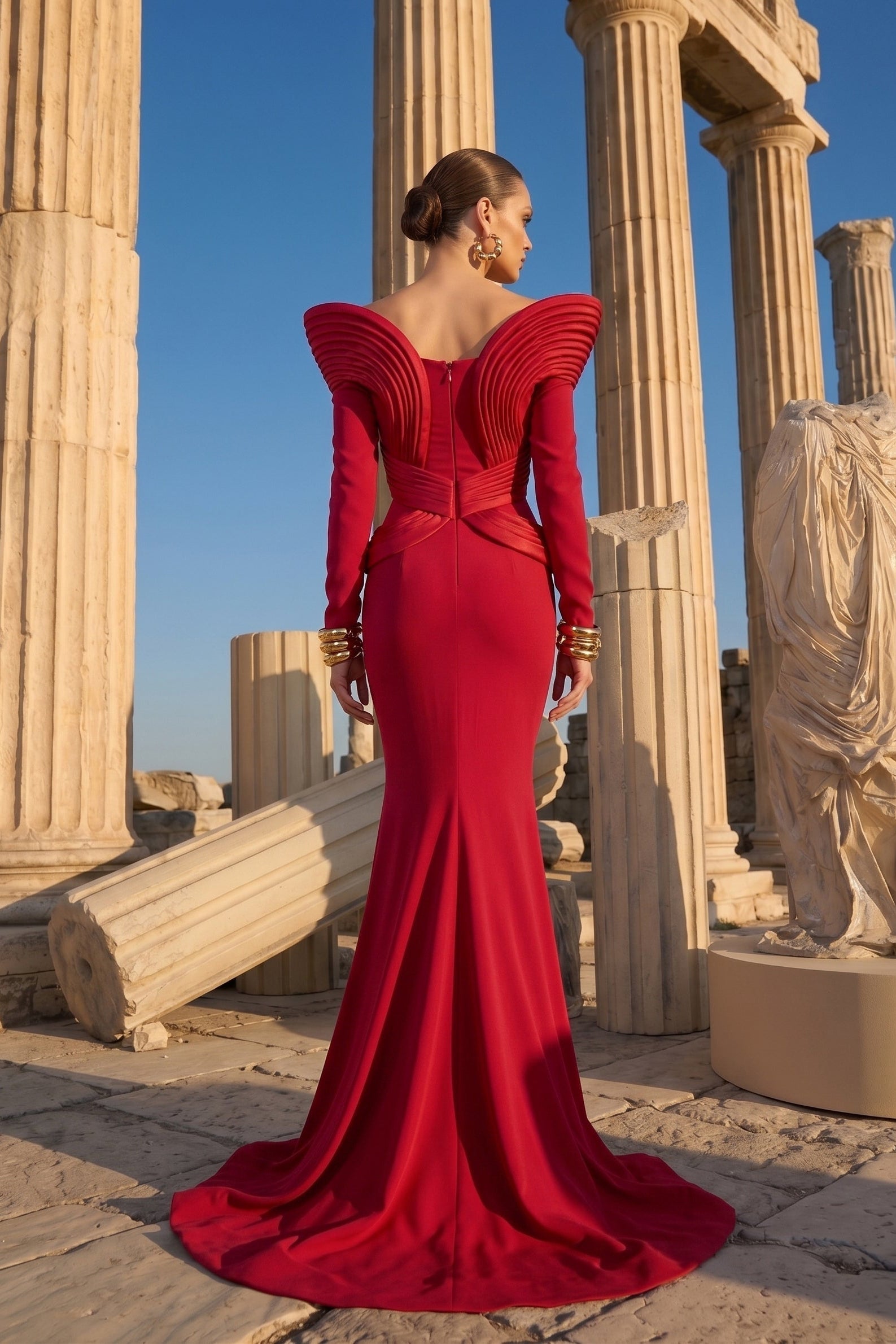 Fouad Sarkis F02945 Matte Crepe Organza Wing Gown
