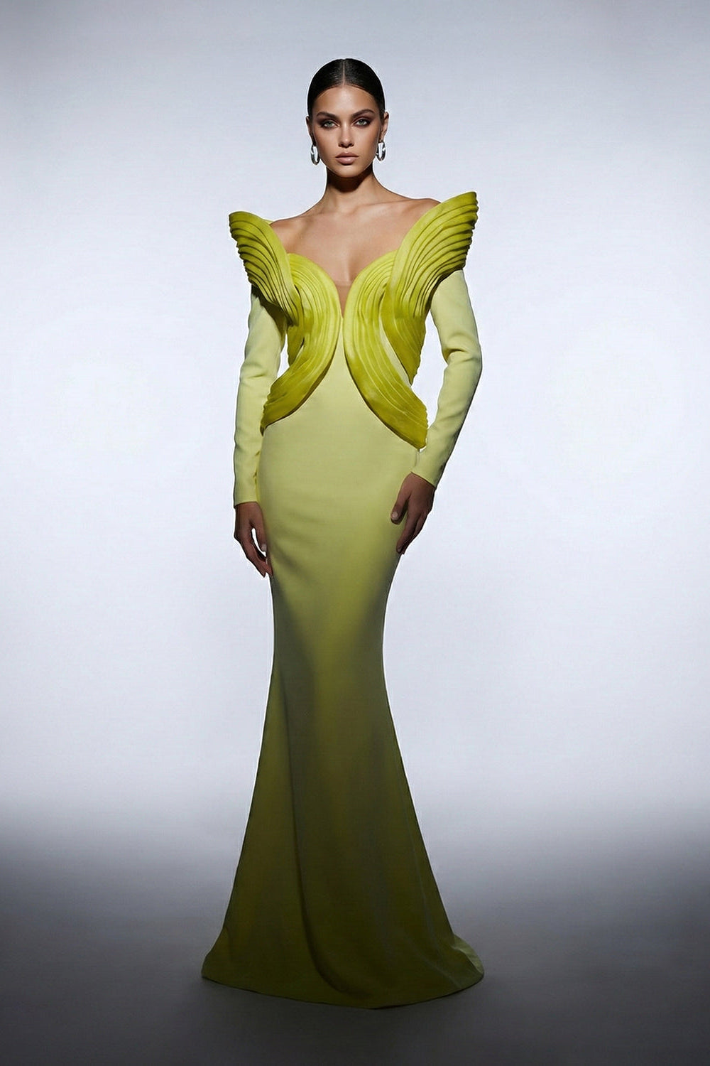 Fouad Sarkis F02945 Matte Crepe Organza Wing Gown