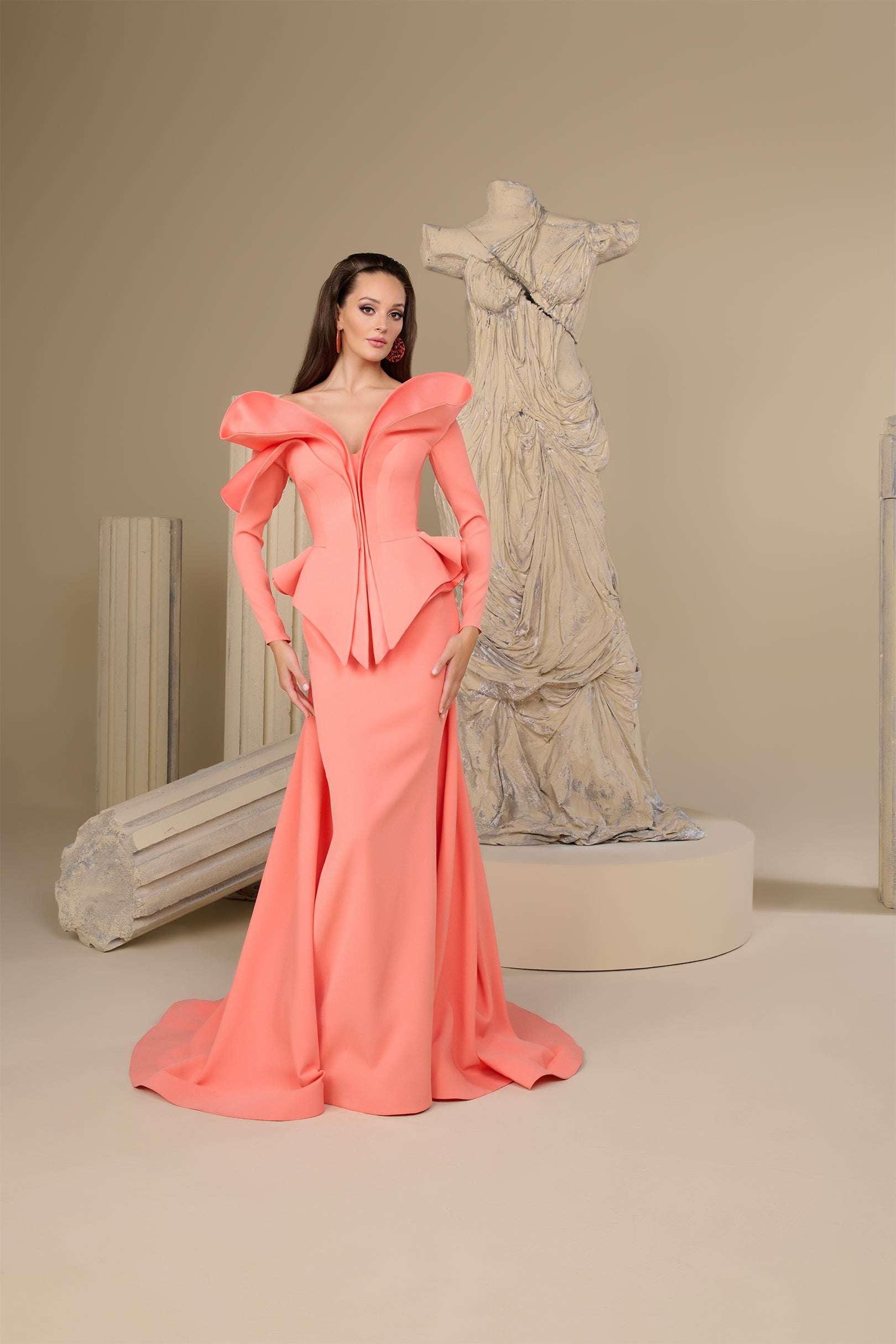 Fouad Sarkis F02947 Coral Sculptural Couture Gown