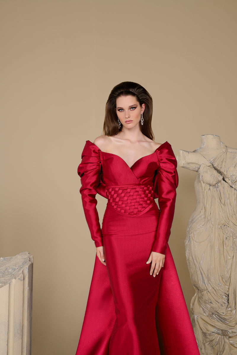 Fouad Sarkis F02948 Matte Satin Basket-Weave Corset Gown