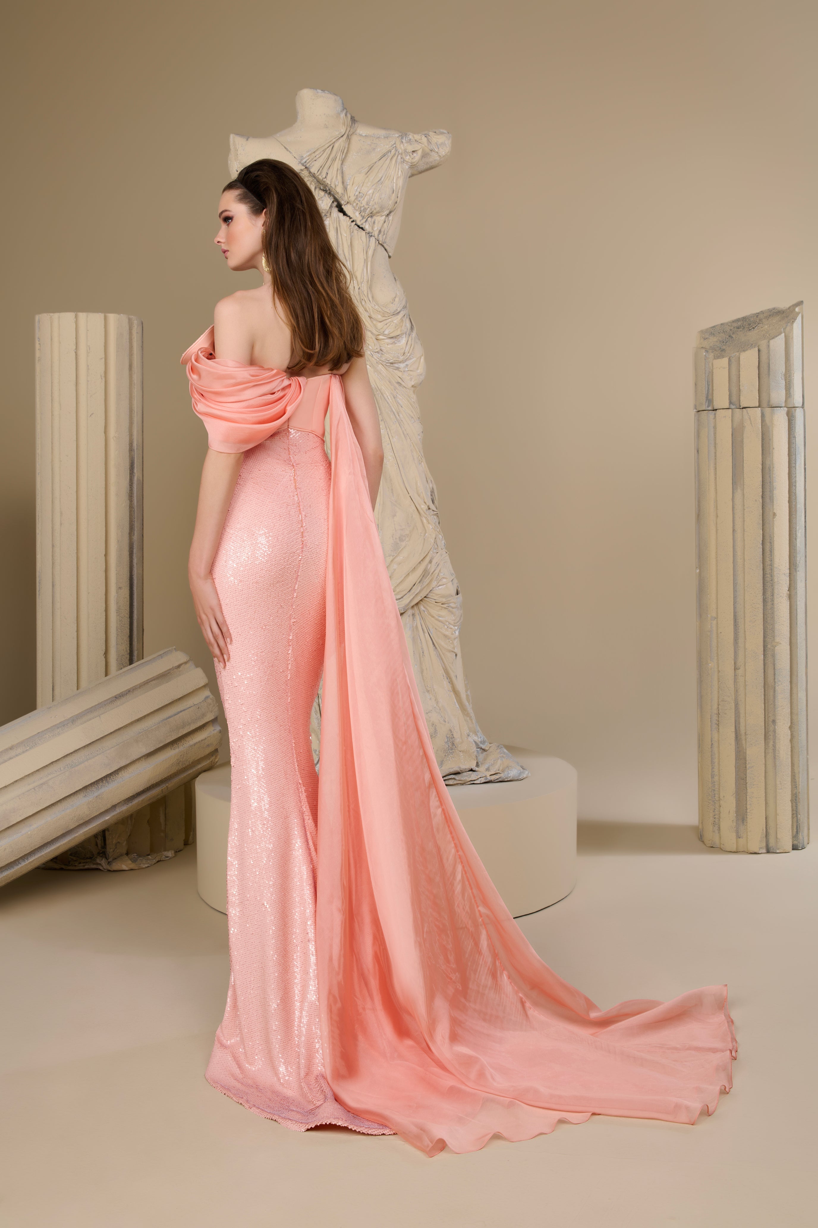 Fouad Sarkis F02949 Salmon Sequin Chiffon Crepe Gown