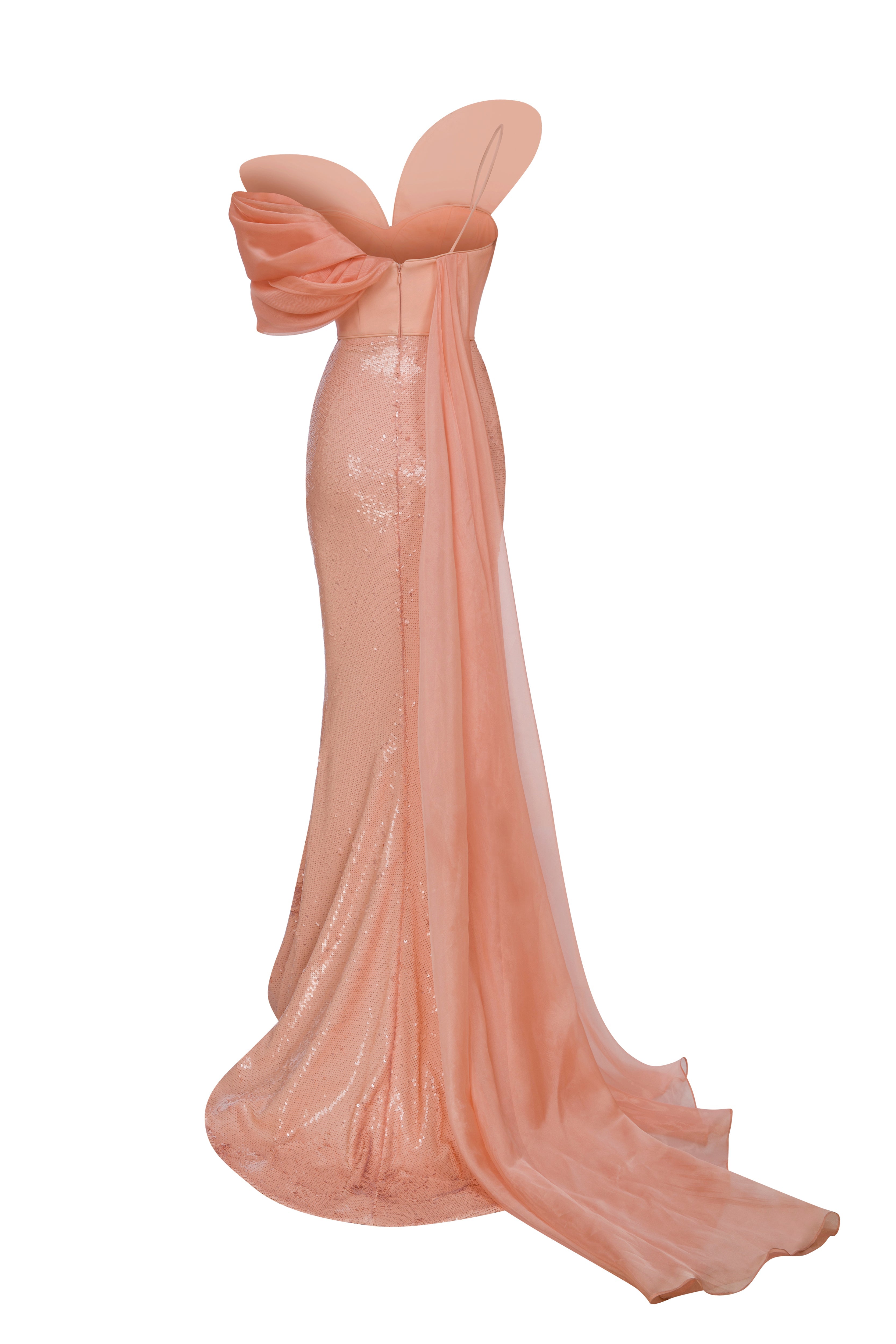Fouad Sarkis F02949 Salmon Sequin Chiffon Crepe Gown