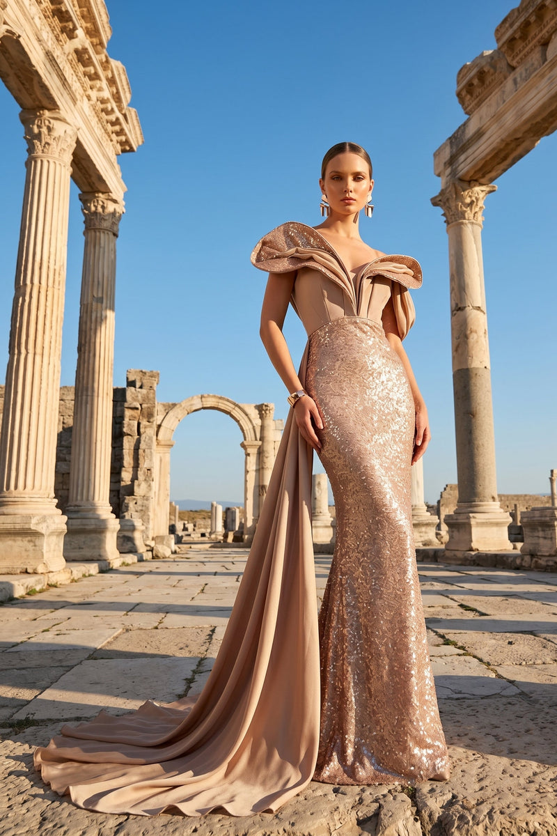 Fouad Sarkis F02949 Salmon Sequin Chiffon Crepe Gown