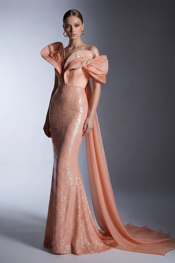Fouad Sarkis F02949 Salmon Sequin Chiffon Crepe Gown