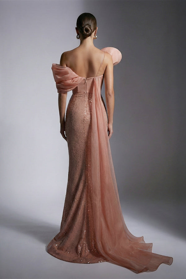 Fouad Sarkis F02949 Salmon Sequin Chiffon Crepe Gown