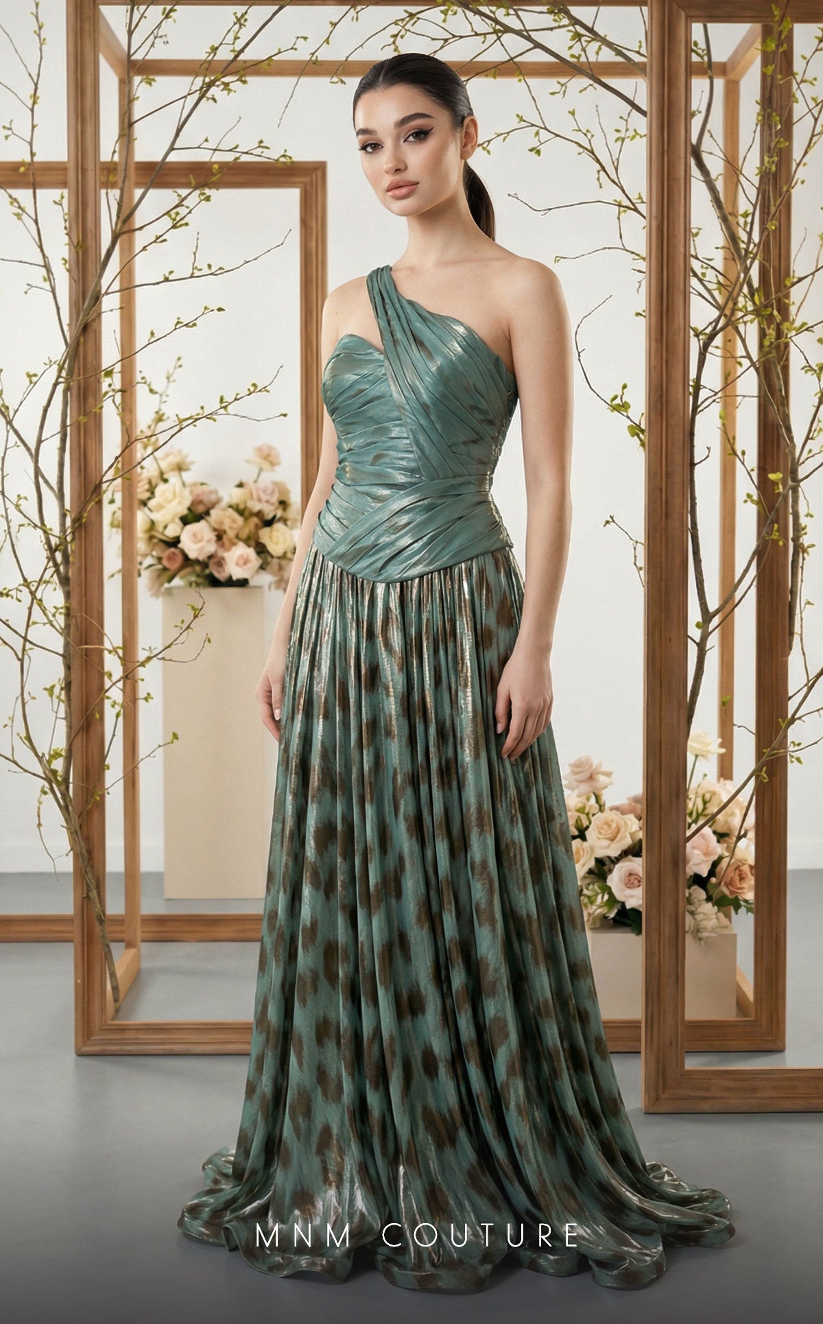 Fouad Sarkis F02953A Velvet & Metallic Chiffon One-Shoulder Gown with Animal Print
