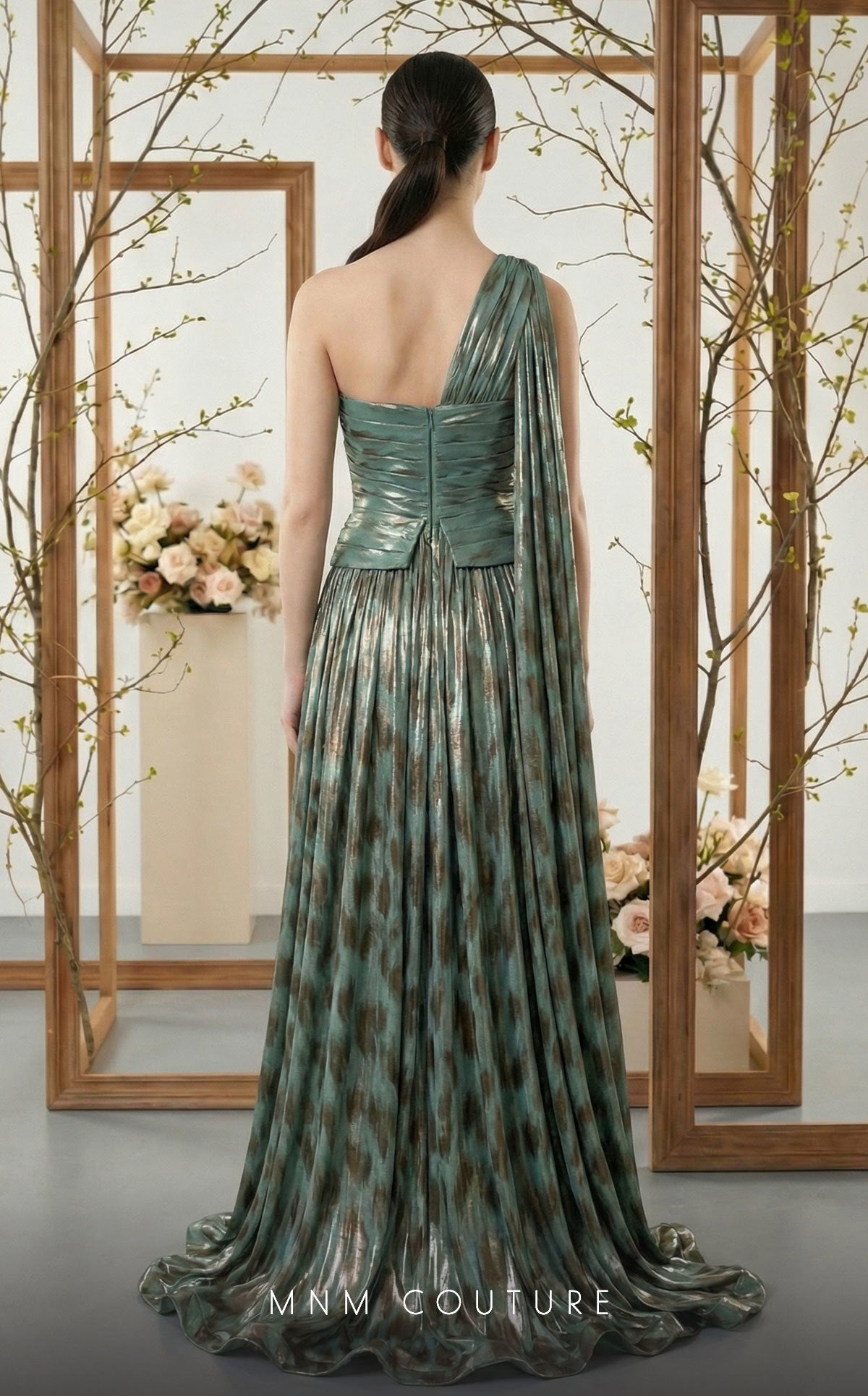 Fouad Sarkis F02953A Velvet & Metallic Chiffon One-Shoulder Gown with Animal Print