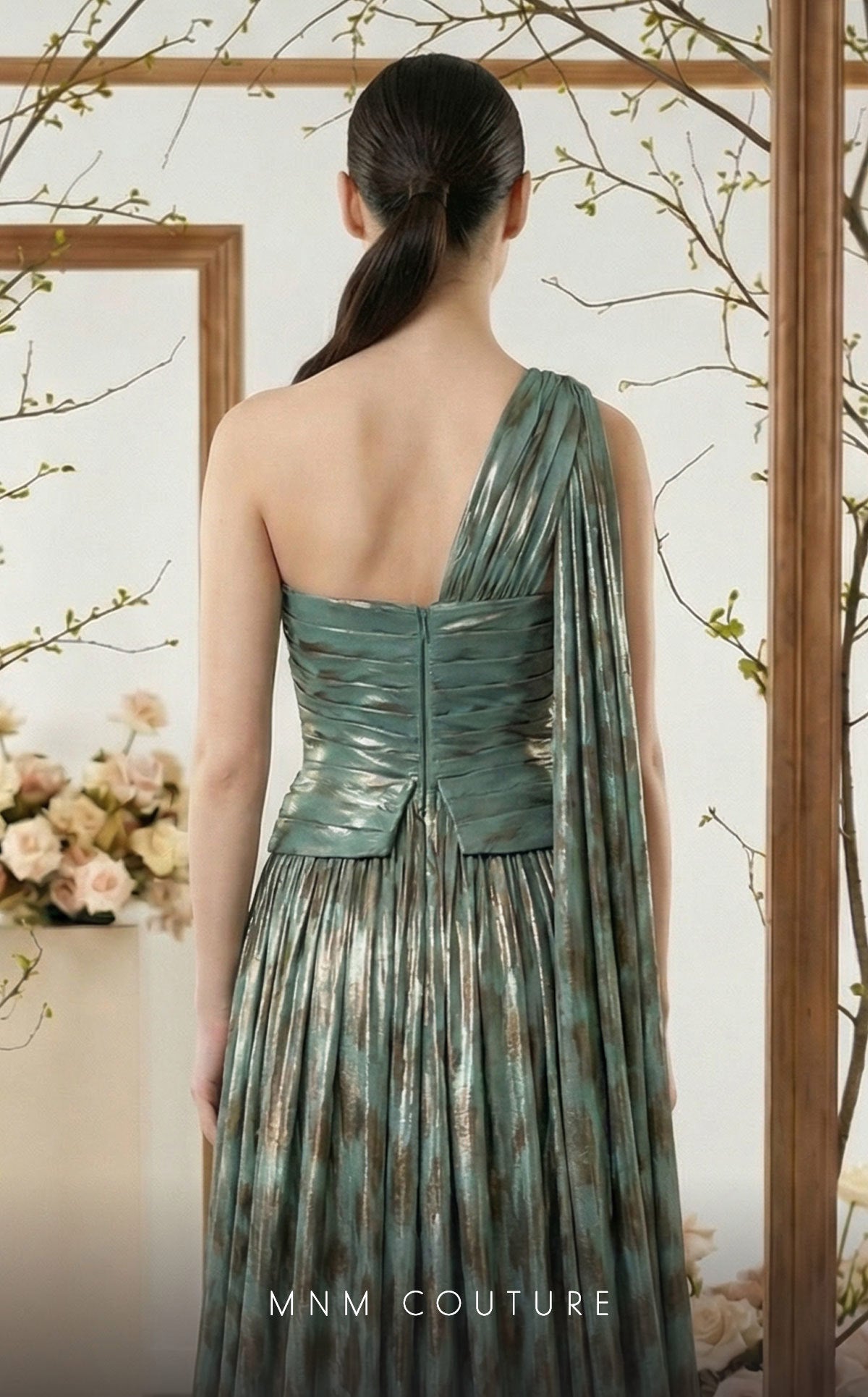 Fouad Sarkis F02953A Velvet & Metallic Chiffon One-Shoulder Gown with Animal Print
