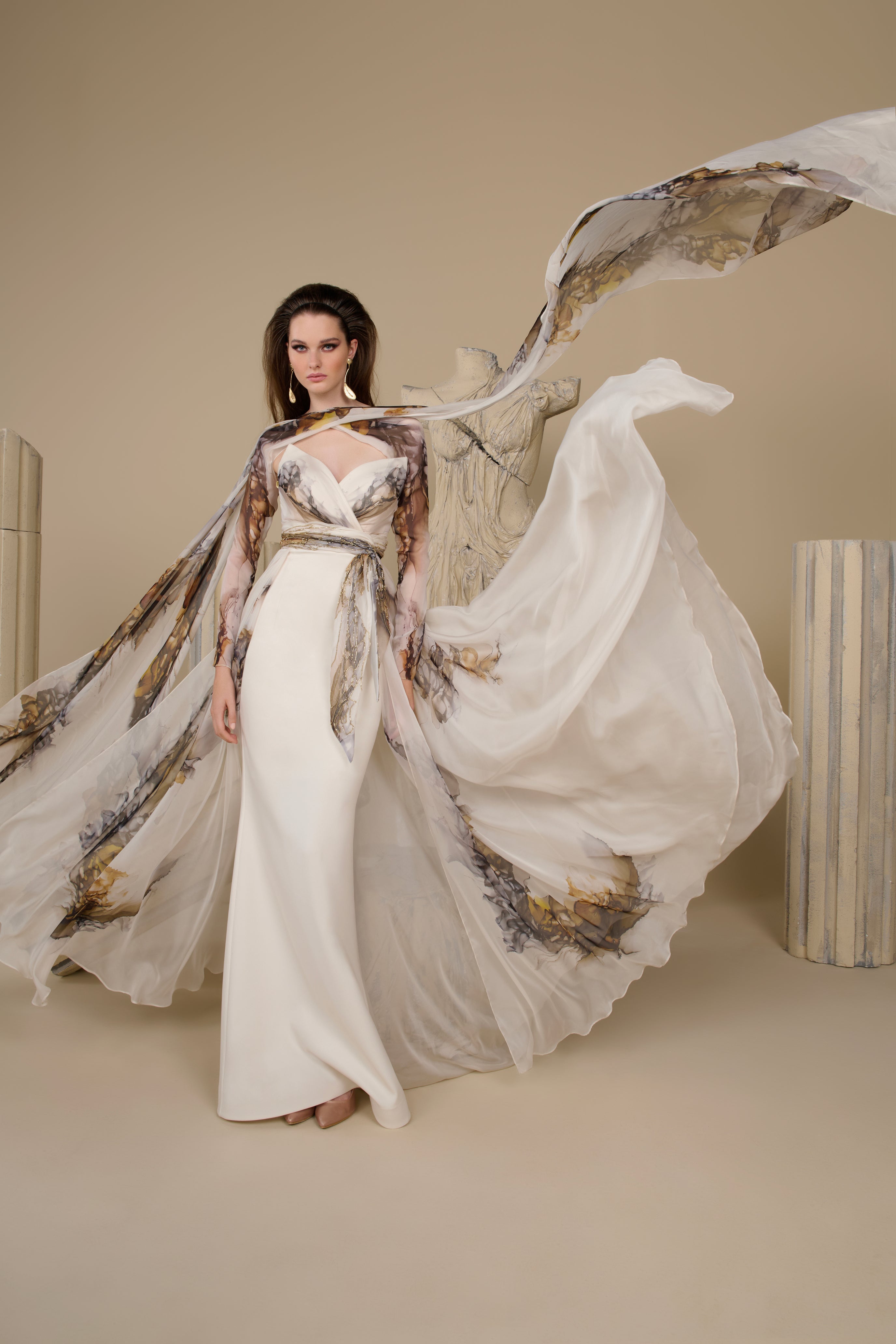 Fouad Sarkis F02956 Printed Chiffon Cape Sleeve Gown