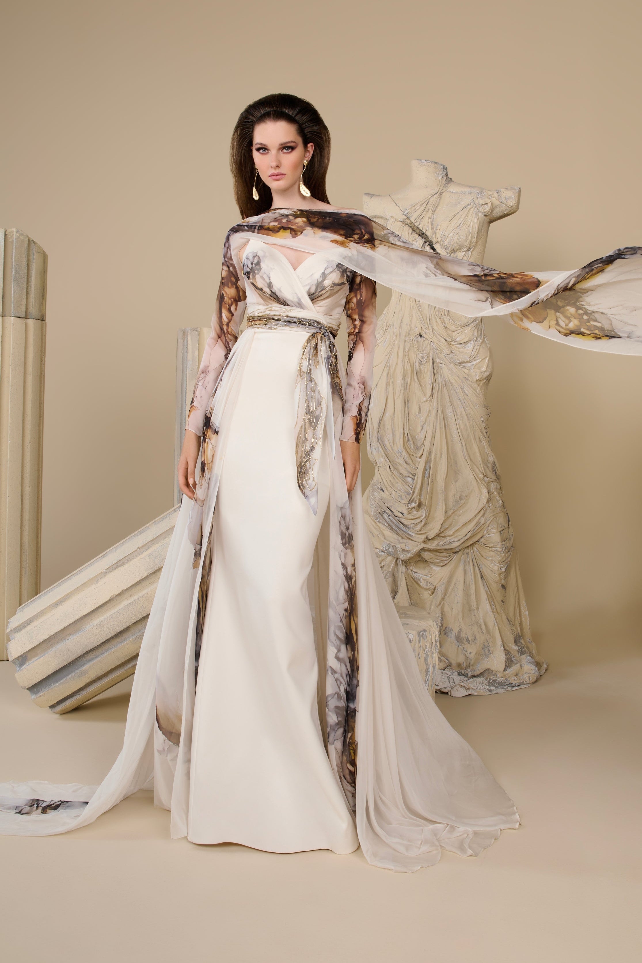Fouad Sarkis F02956 Printed Chiffon Cape Sleeve Gown