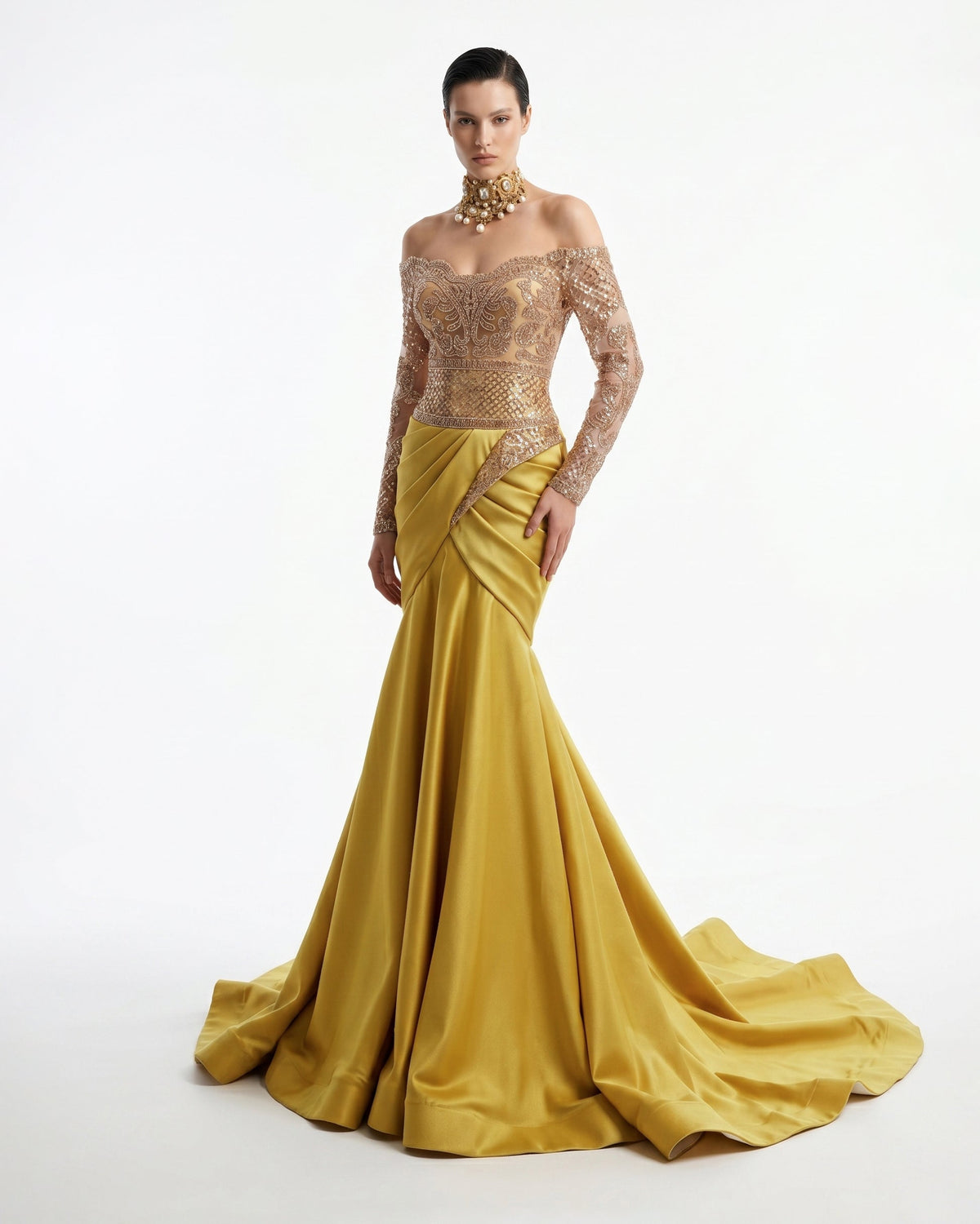 Fouad Sarkis F02957 Off-Shoulder Timeless Luxury Gown