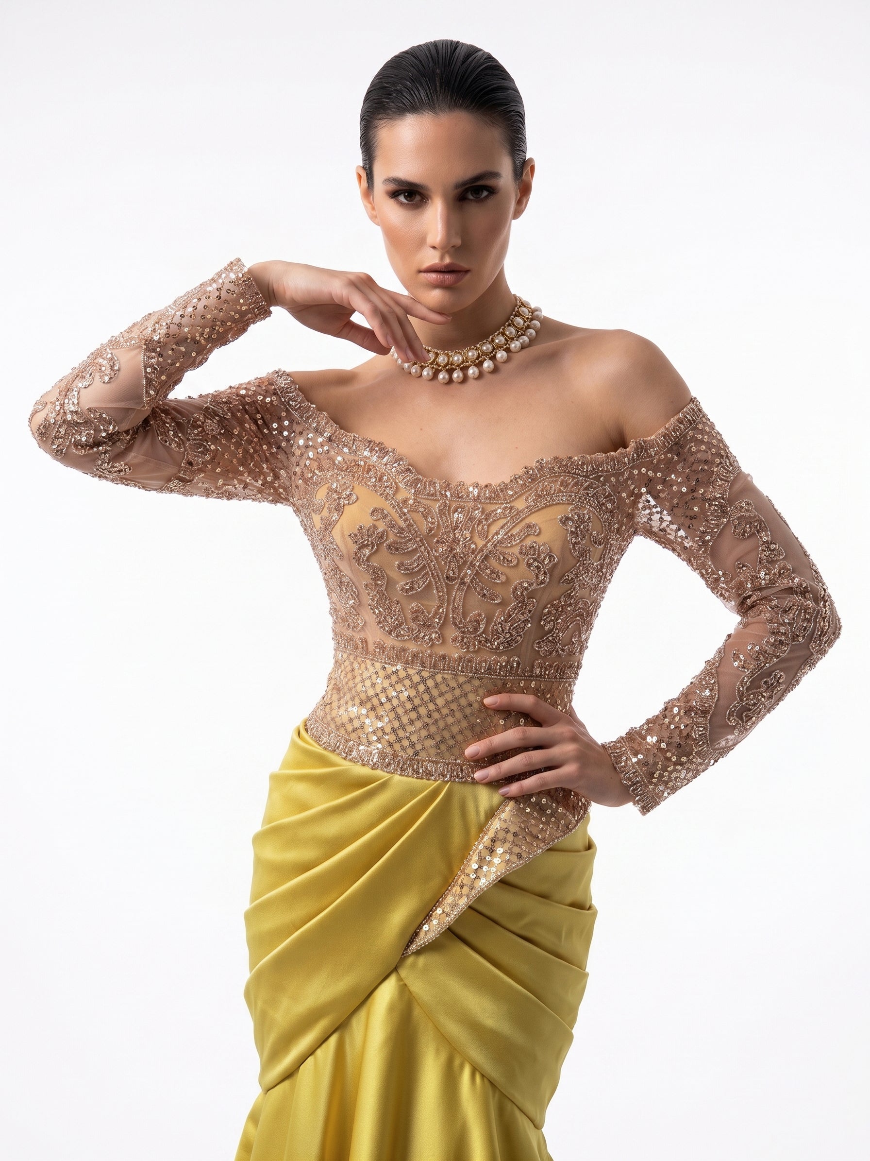 Fouad Sarkis F02957 Off-Shoulder Timeless Luxury Gown