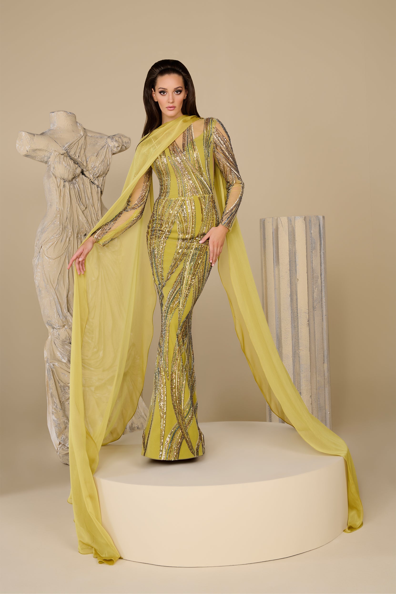 Fouad Sarkis F02959 Chartreuse Modern Elegant Gown