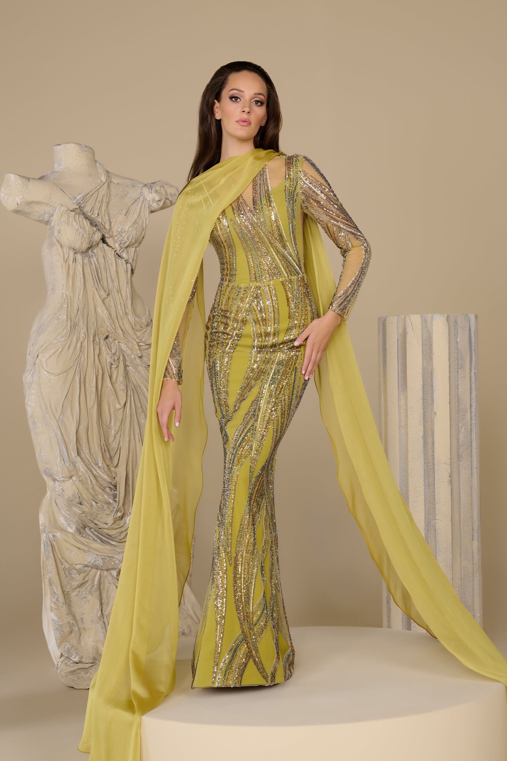 Fouad Sarkis F02959 Chartreuse Modern Elegant Gown