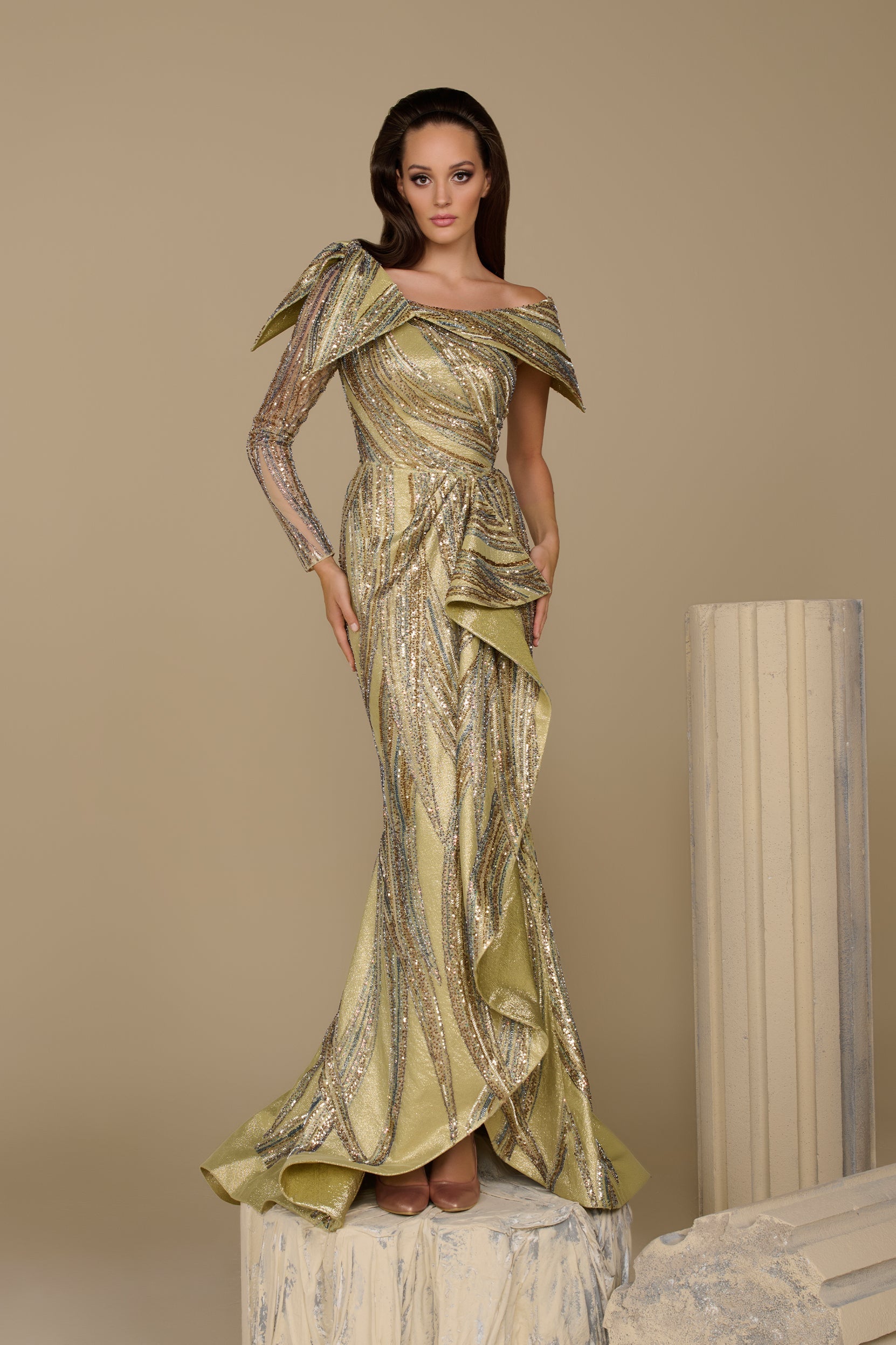 Fouad Sarkis F02960 Gold Green Sequin Asymmetric Gown