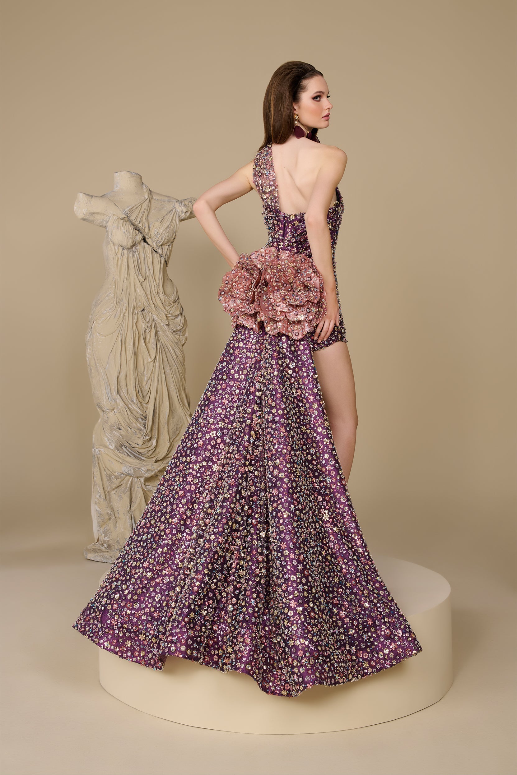 Fouad Sarkis F02961 Plum Sequin One-Shoulder Mini Gown
