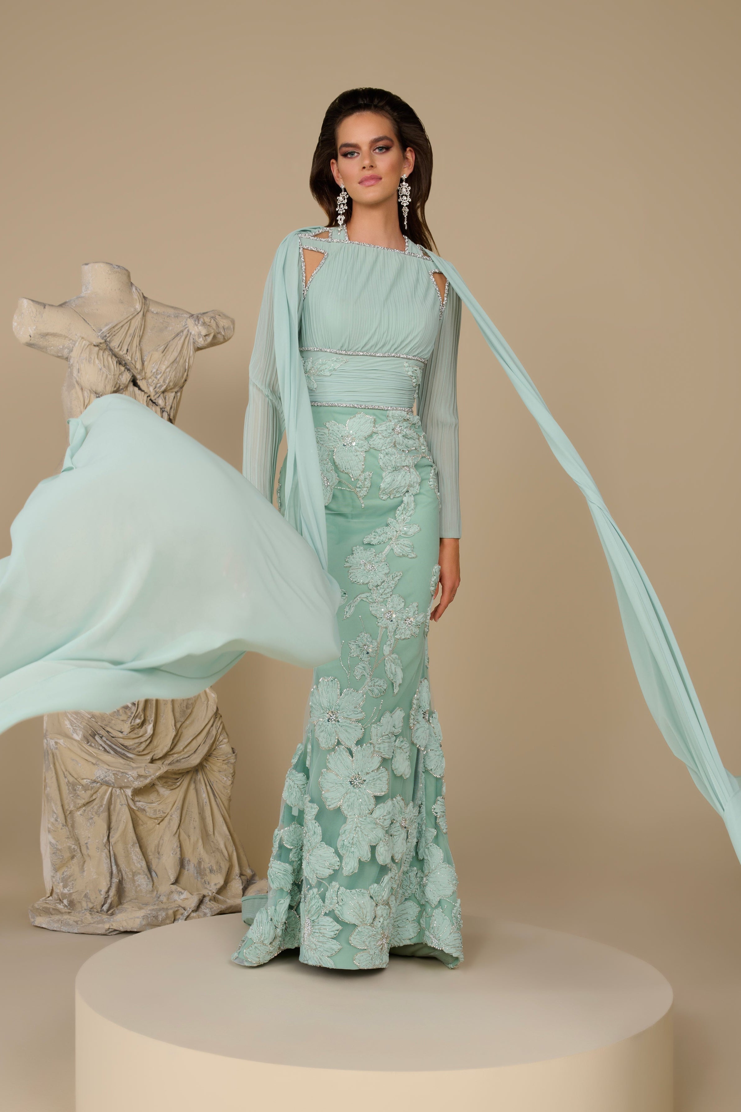 Fouad Sarkis F02962 Mint Floral Embroidered Cape Gown